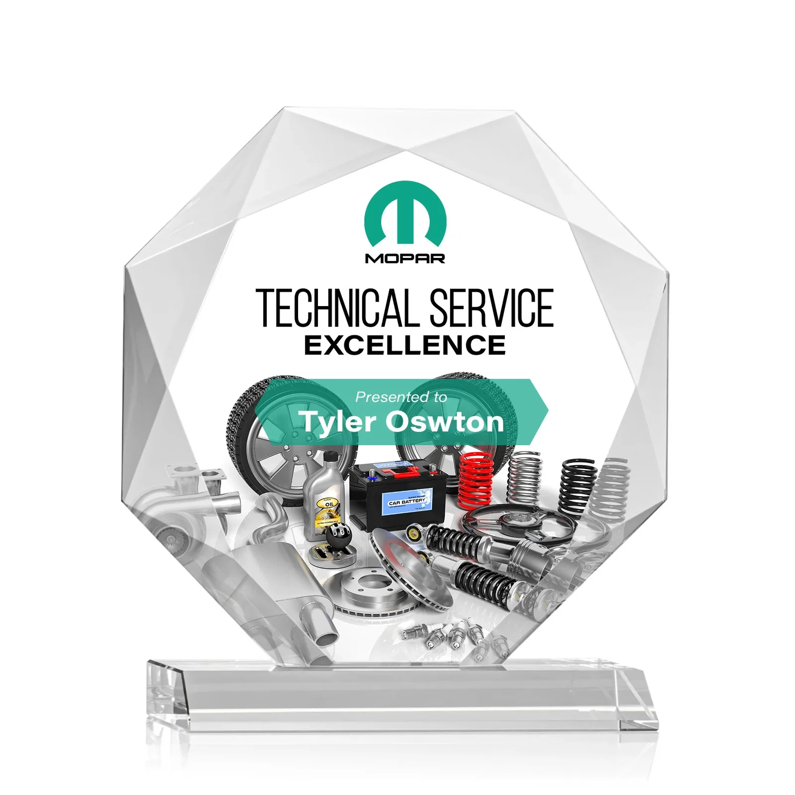Promotional Starfire Crystal Octagon Award on Front-Mitered Base, awards for dealer and partner awards