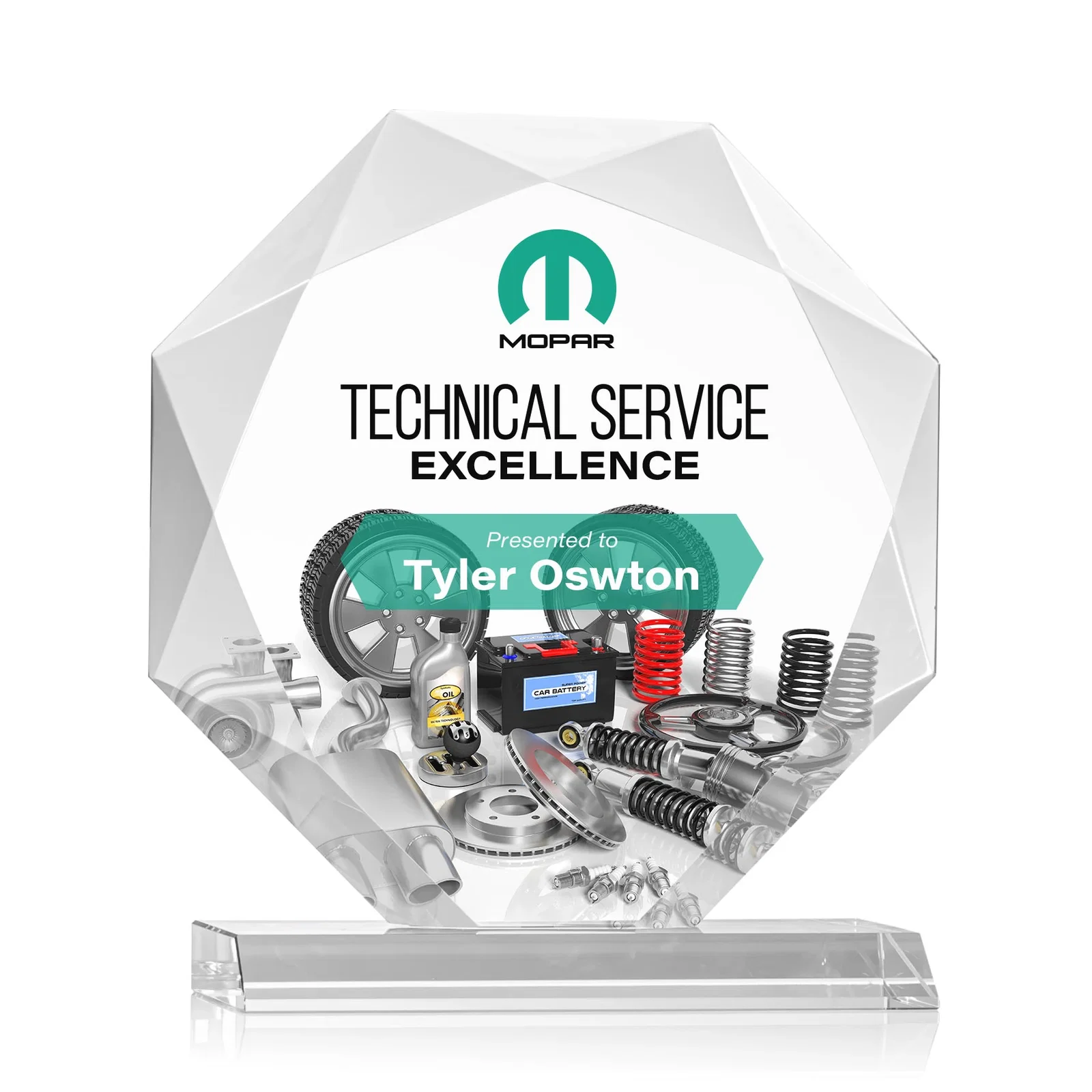 Promotional Starfire Crystal Octagon Award on Front-Mitered Base, awards for company anniversary events