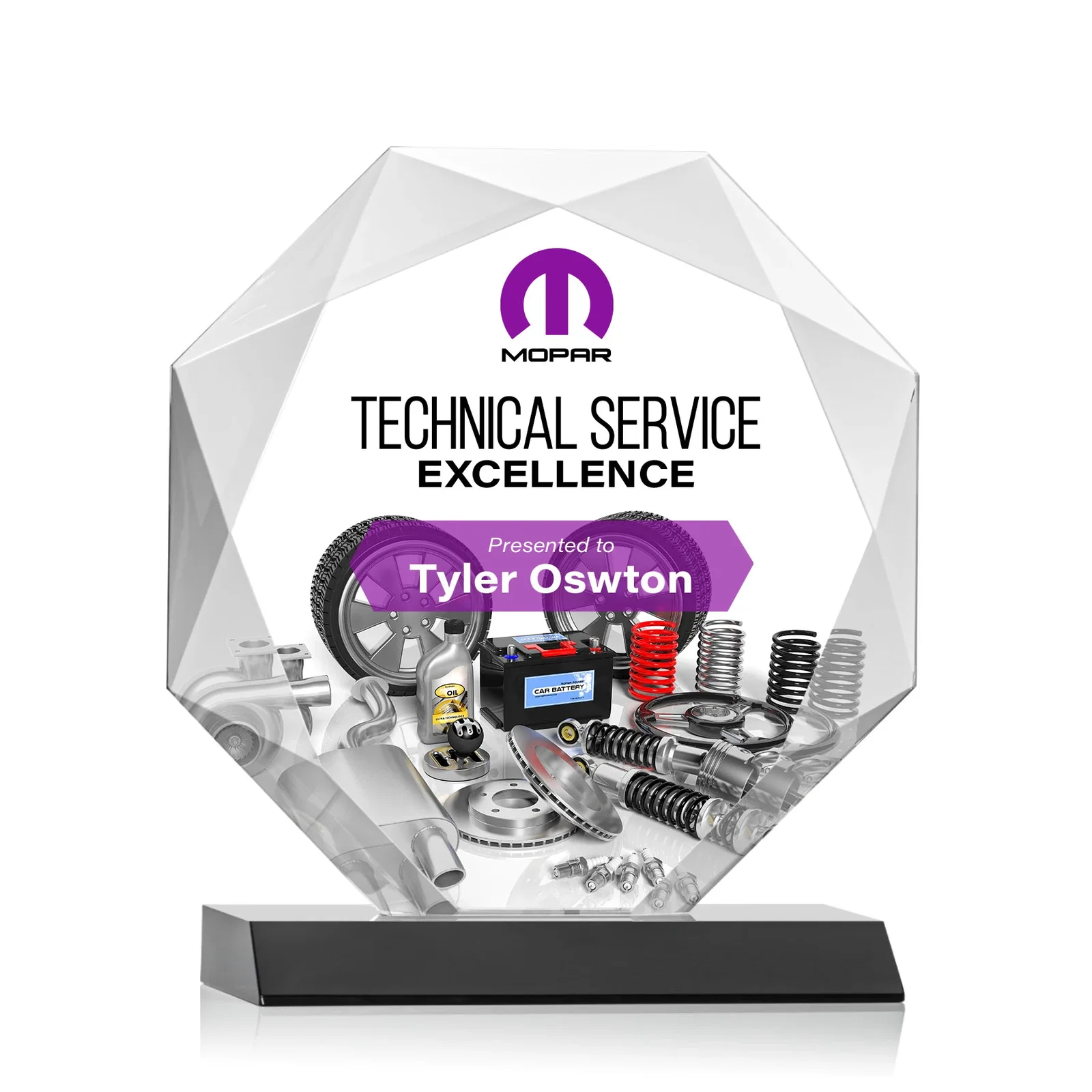 Branded Starfire Crystal Octagon Award on Front-Mitered Base, awards for dealer and partner awards
