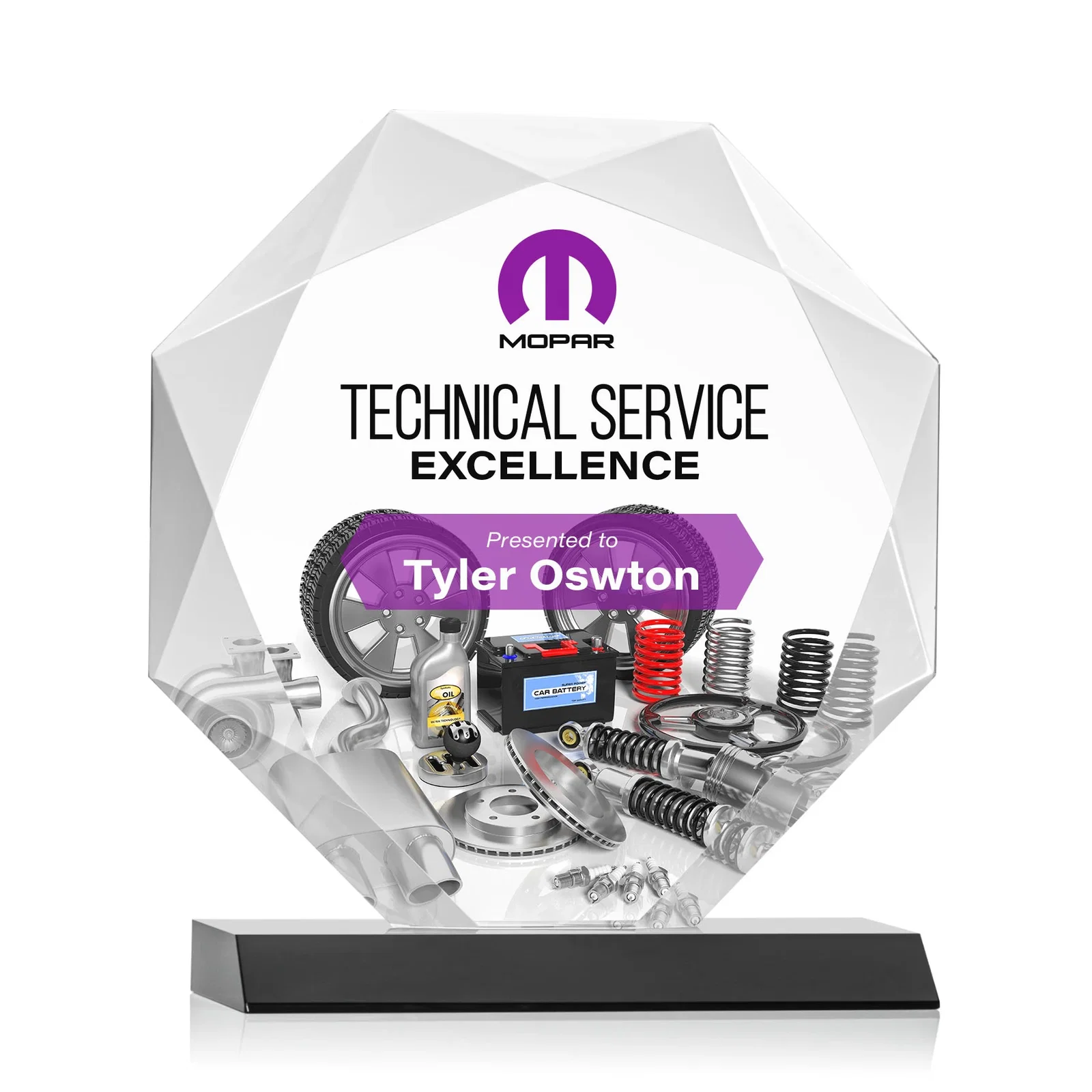 Branded Starfire Crystal Octagon Award on Front-Mitered Base, awards for company anniversary events
