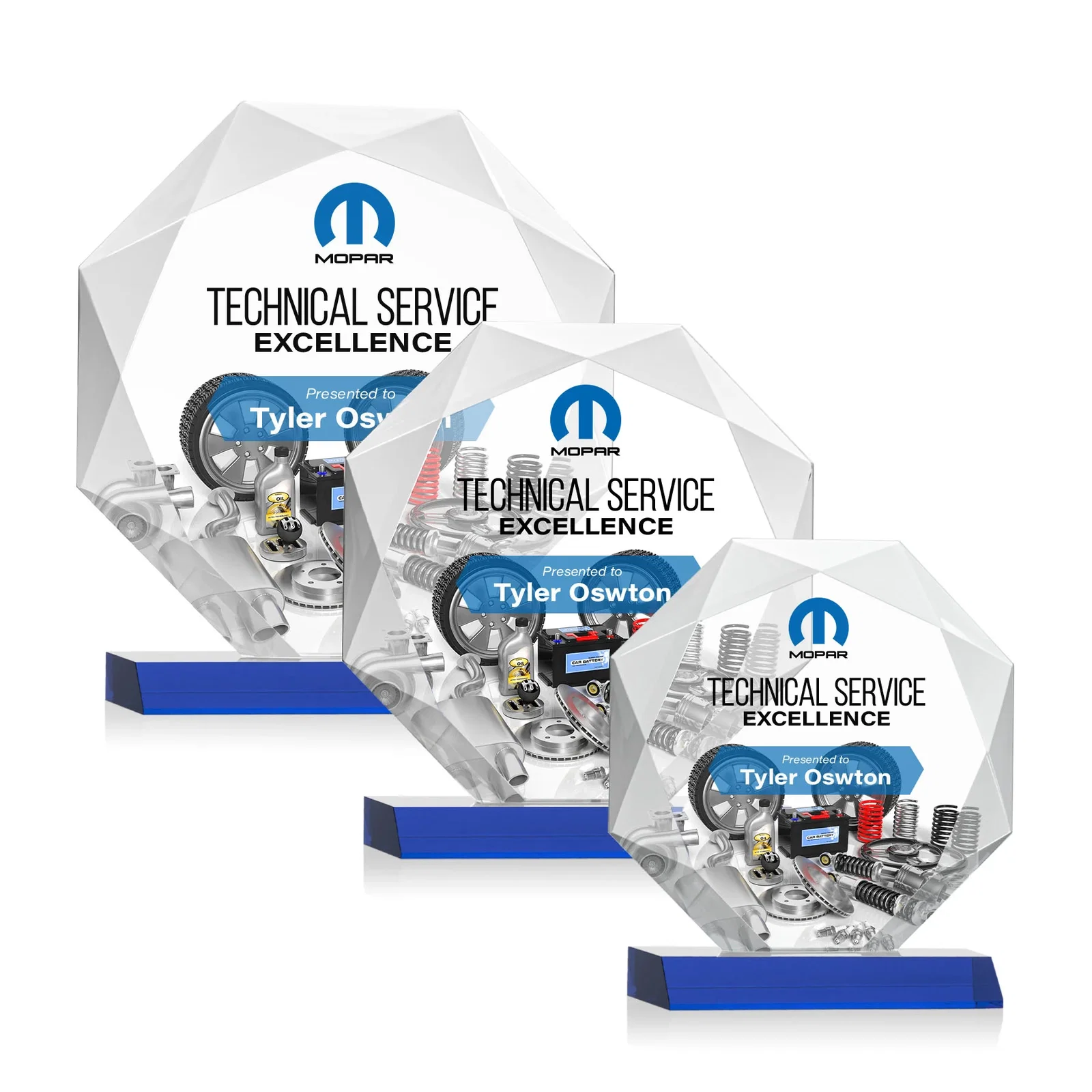 Custom printed Starfire Crystal Octagon Award on Front-Mitered Base, awards for employee recognition