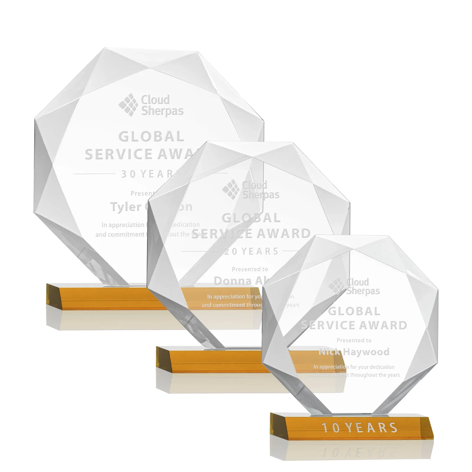 Custom Starfire Crystal Octagon Award on Front-Mitered Base, awards for retirement presentations