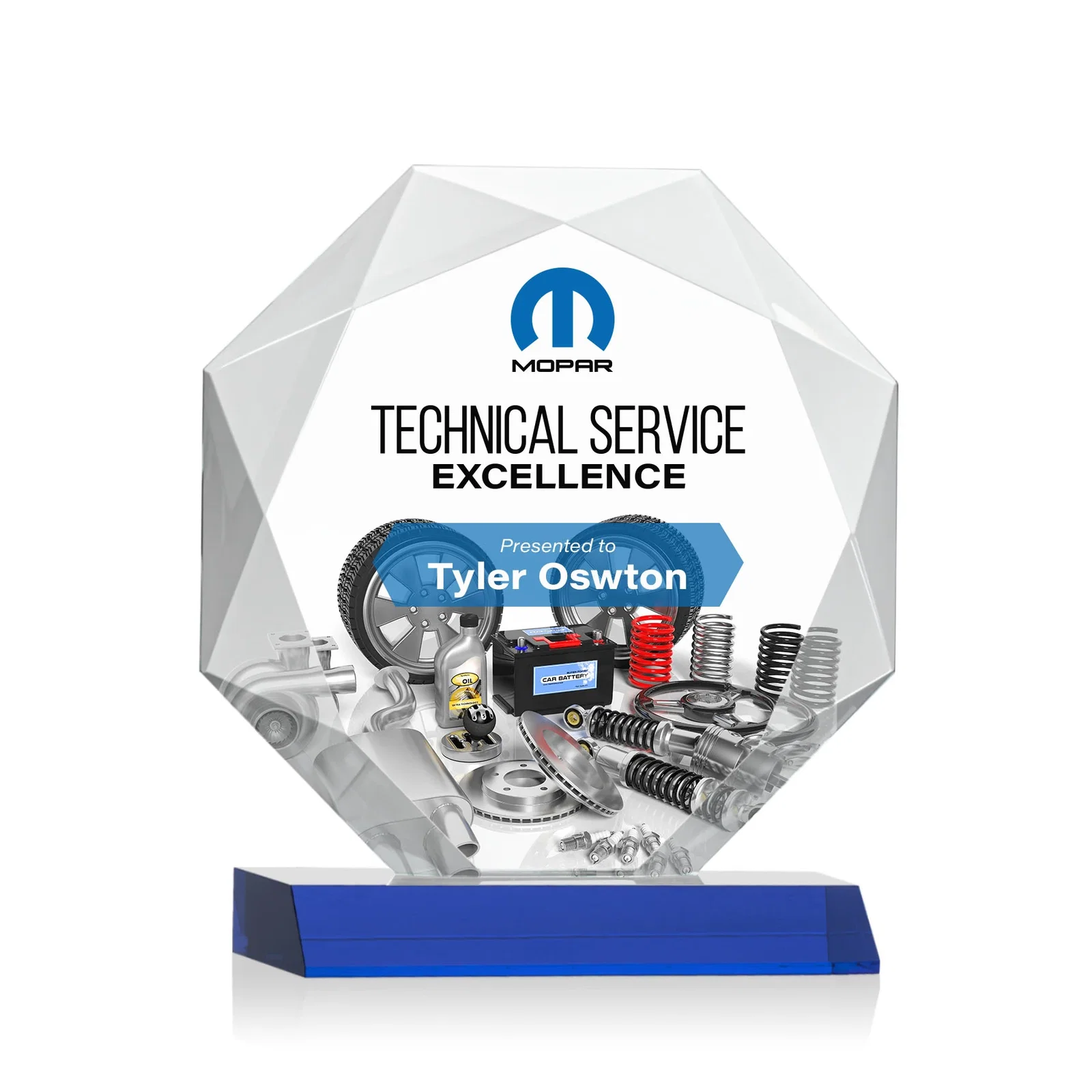 Custom printed Starfire Crystal Octagon Award on Front-Mitered Base, awards for corporate award ceremonies