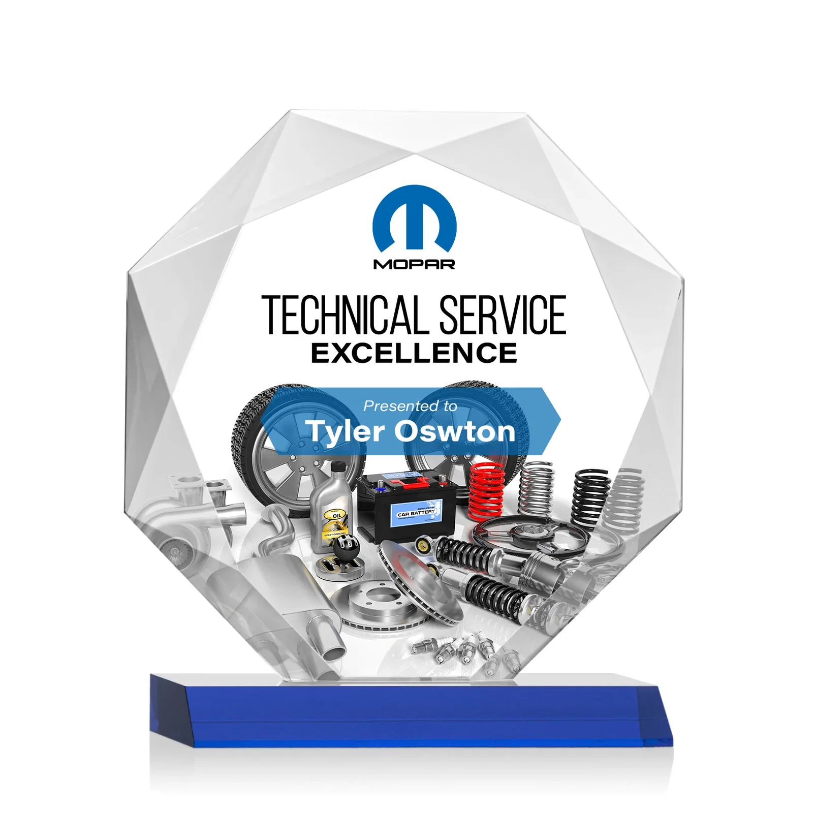 Custom printed Starfire Crystal Octagon Award on Front-Mitered Base, awards for service anniversary gifts