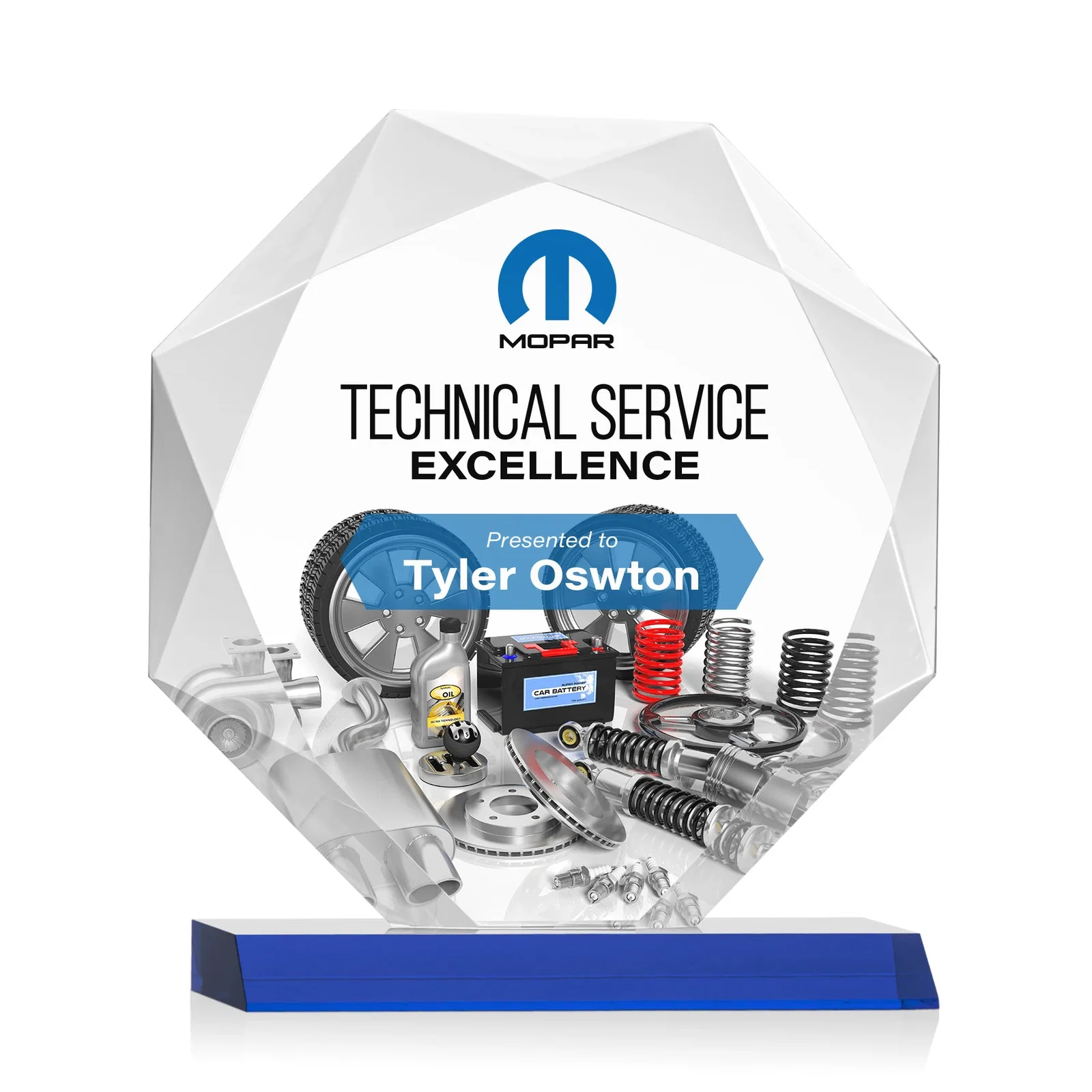 Custom printed Starfire Crystal Octagon Award on Front-Mitered Base, awards for sales achievement awards