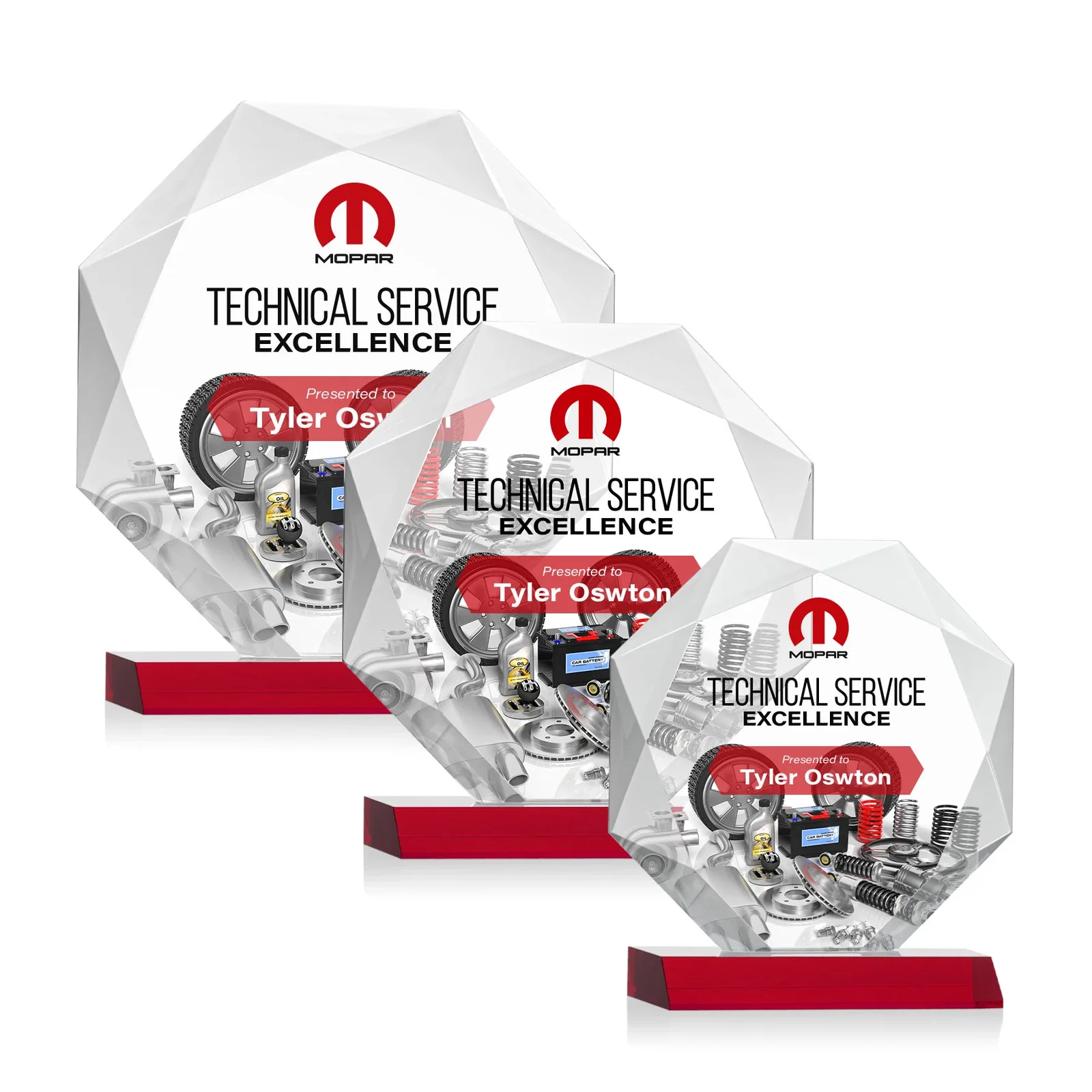 Custom printed Starfire Crystal Octagon Award on Front-Mitered Base, awards for retirement presentations