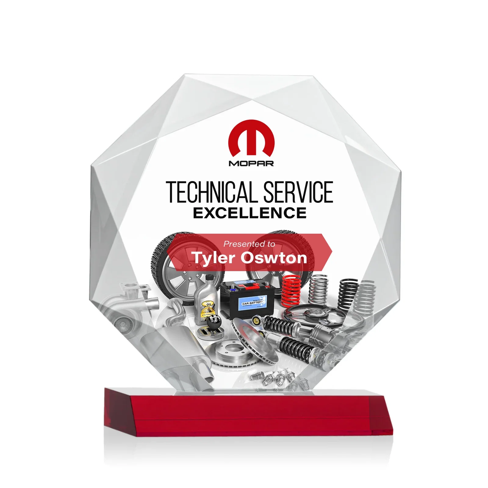 Custom printed Starfire Crystal Octagon Award on Front-Mitered Base, awards for team milestone celebrations