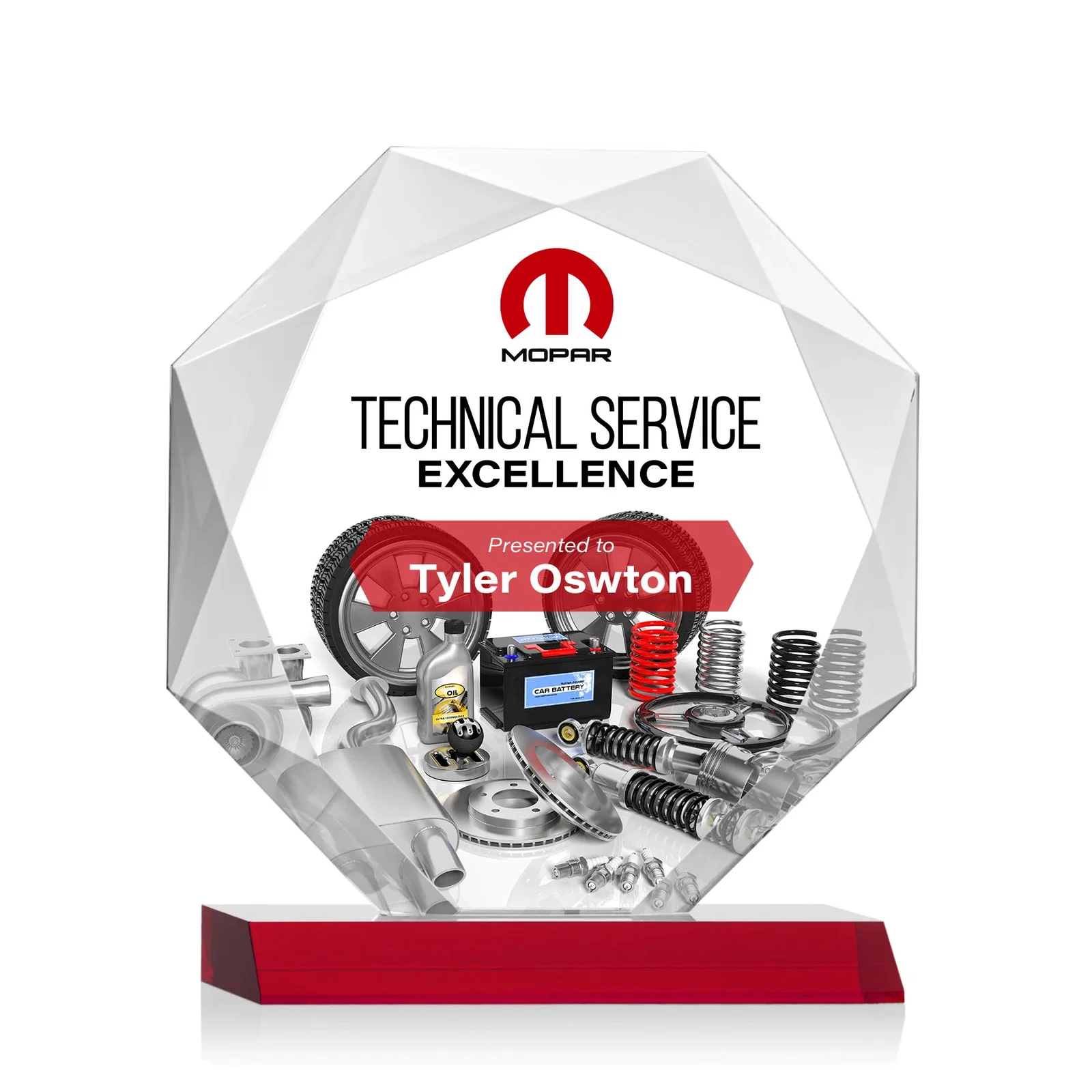 Custom printed Starfire Crystal Octagon Award on Front-Mitered Base, awards for donor appreciation