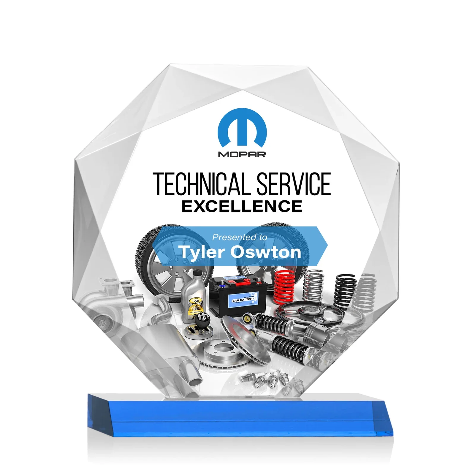 Custom printed Starfire Crystal Octagon Award on Front-Mitered Base, awards for dealer and partner awards