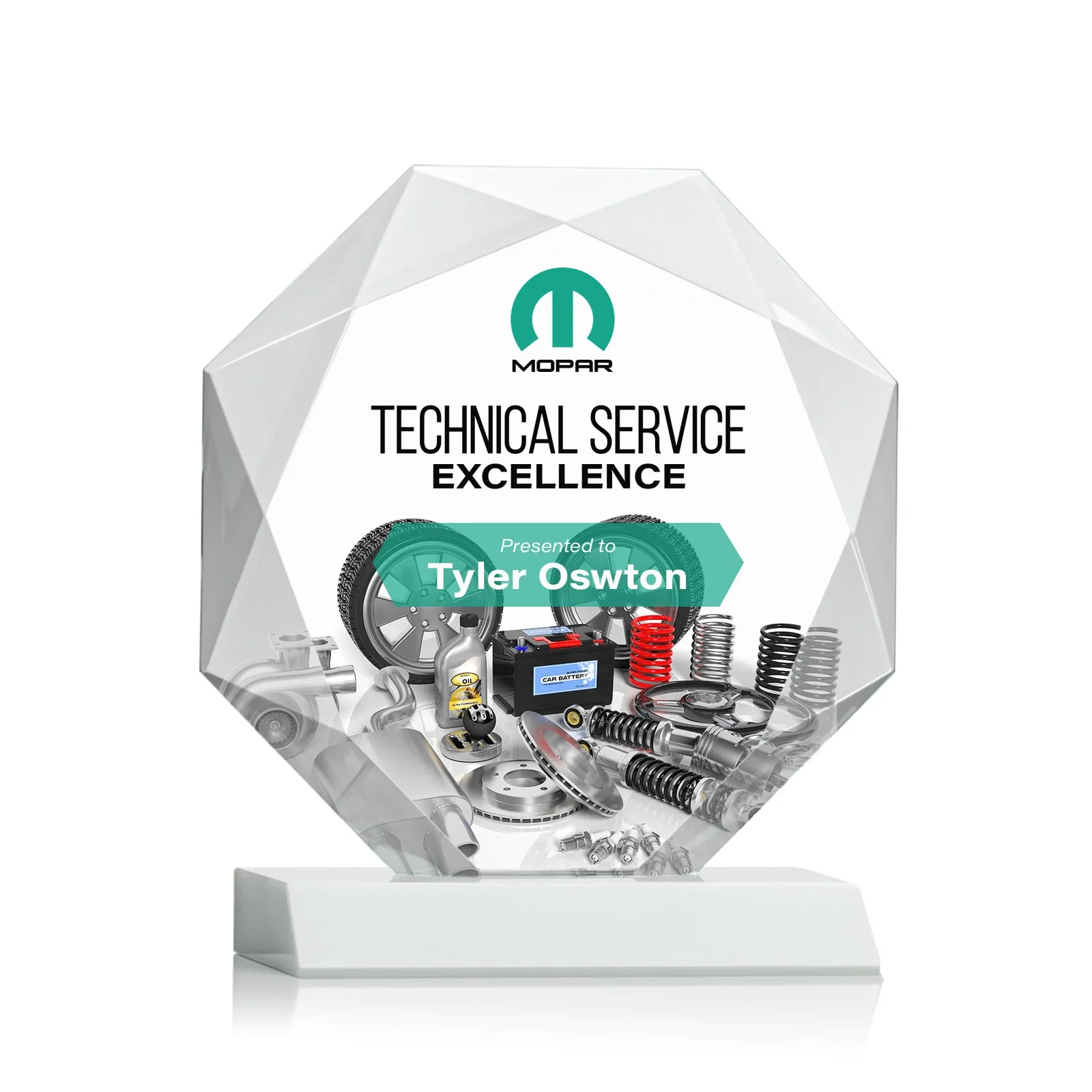 Customized Starfire Crystal Octagon Award on Front-Mitered Base, awards for corporate award ceremonies