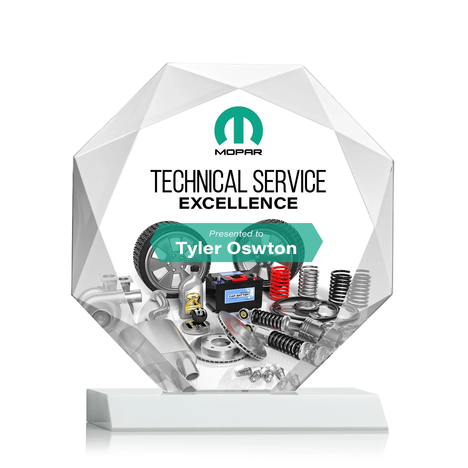 Customized Starfire Crystal Octagon Award on Front-Mitered Base, awards for service anniversary gifts