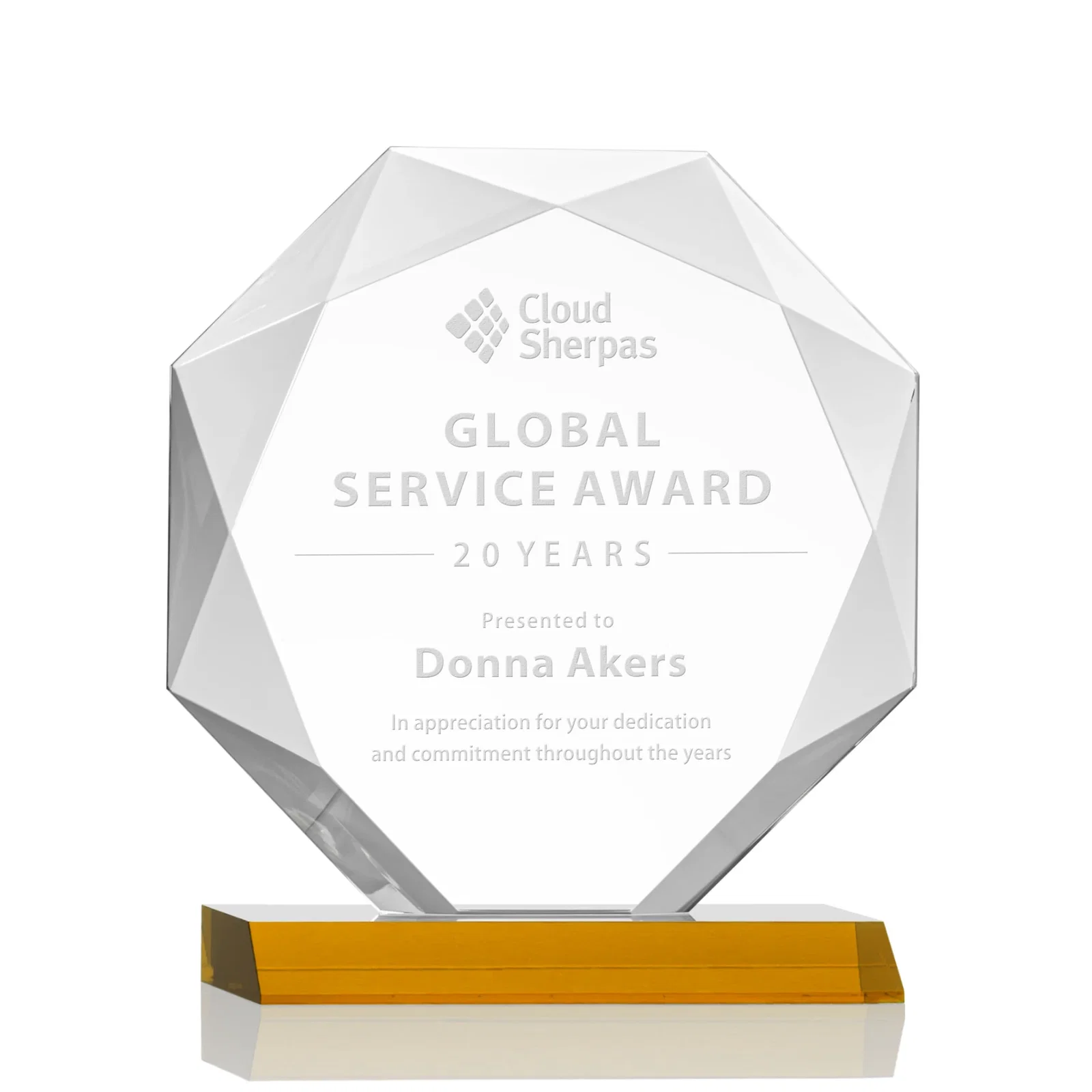Custom Starfire Crystal Octagon Award on Front-Mitered Base, awards for donor appreciation