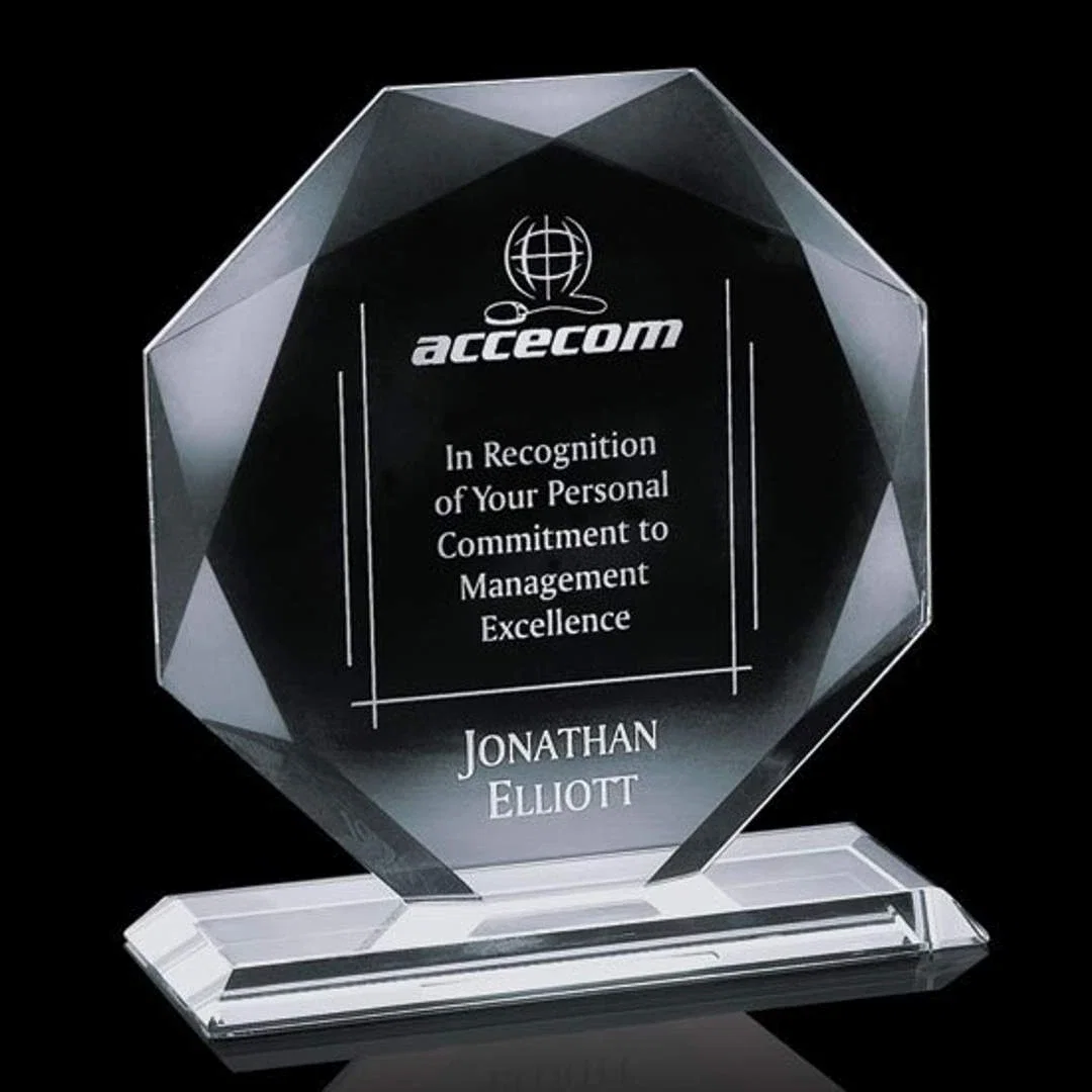 Custom Jade Or Clear Glass Octagon Award With A Mitered Base for corporate award ceremonies