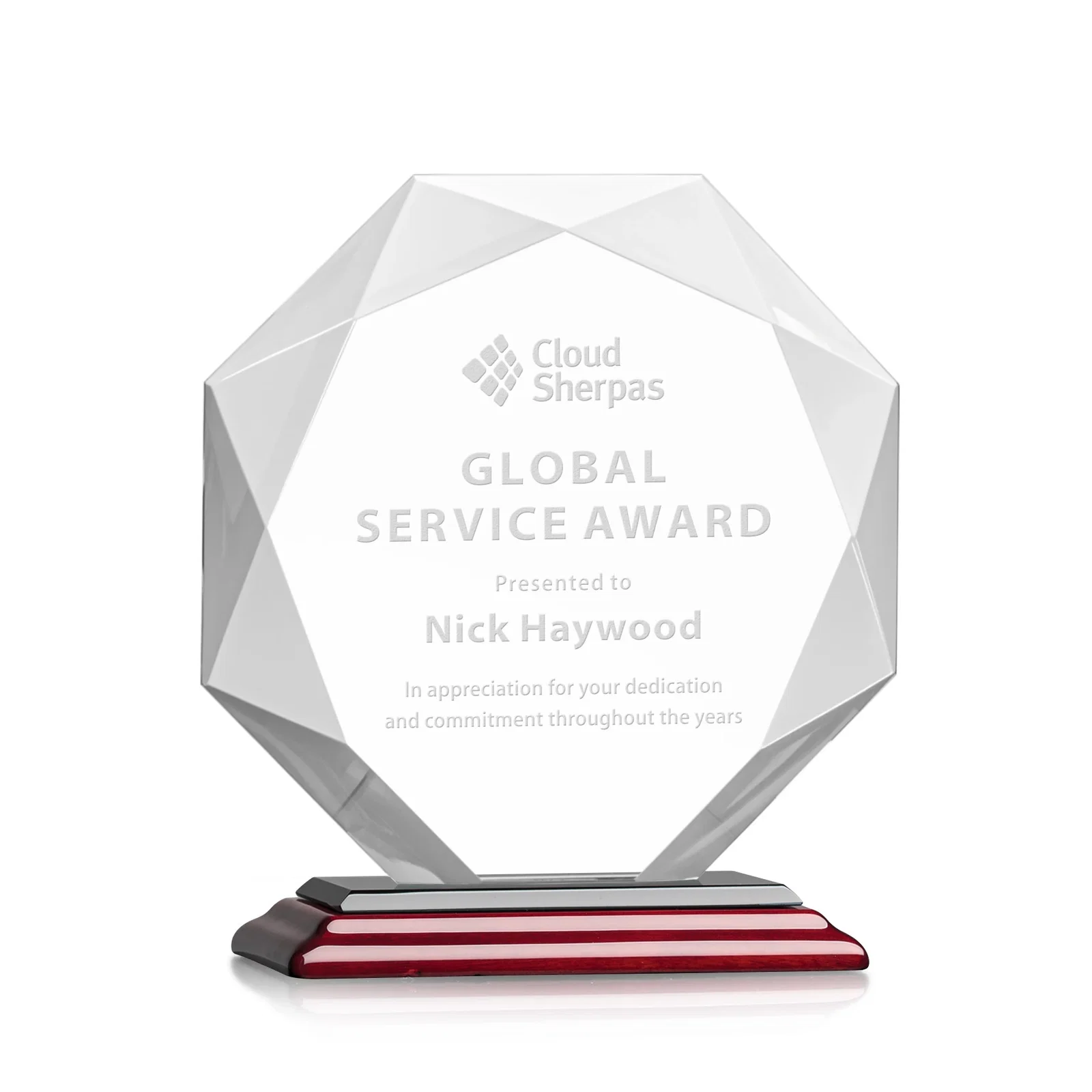 Custom Starfire Crystal Octagon Award with 10 Base Color Choices for corporate award ceremonies