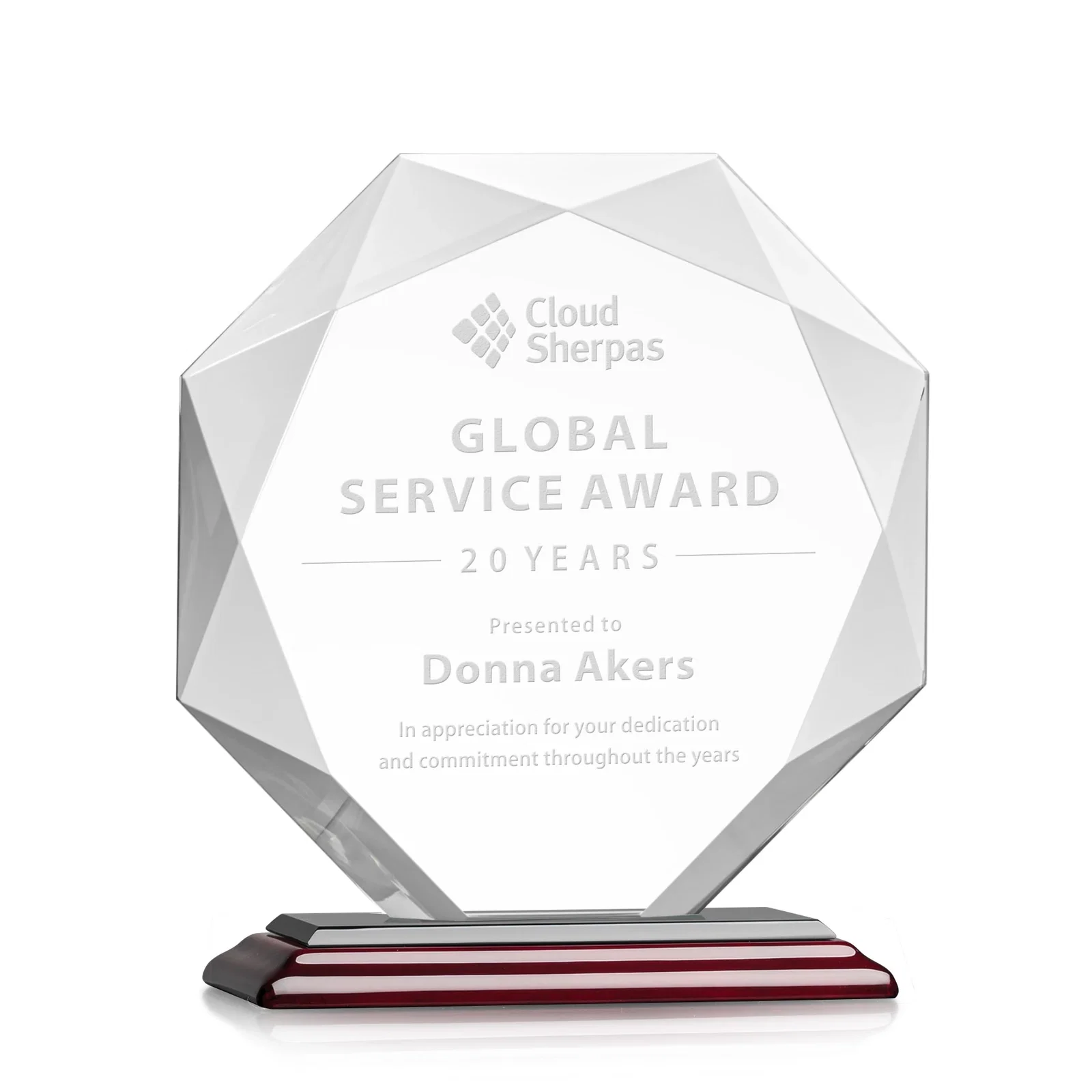 Custom Starfire Crystal Octagon Award with 10 Base Color Choices for service anniversary gifts