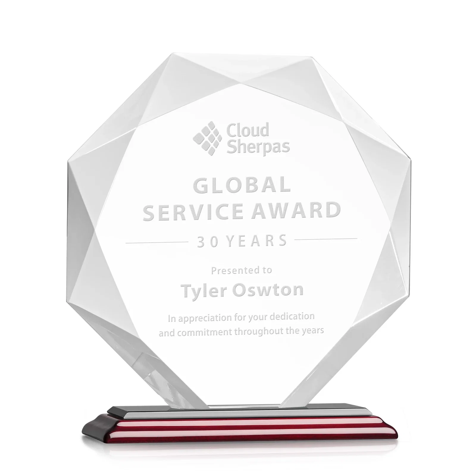 Custom Starfire Crystal Octagon Award with 10 Base Color Choices for sales achievement awards