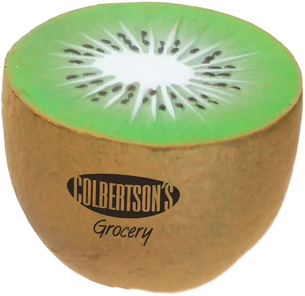 Kiwi custom stress ball shaped like a sliced kiwi fruit, branded health and wellness promotional logo giveaway