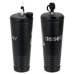 Klaxon 23 oz stadium tumbler with built-in horn and custom logo, front view