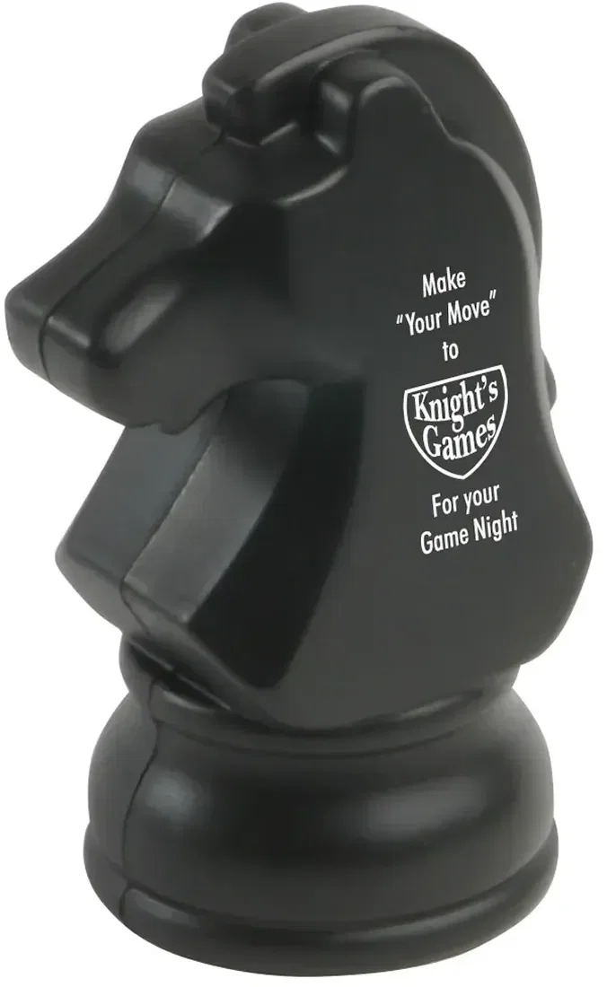 Knight chess piece custom stress reliever, branded strategy squeeze toy with logo imprint, front view