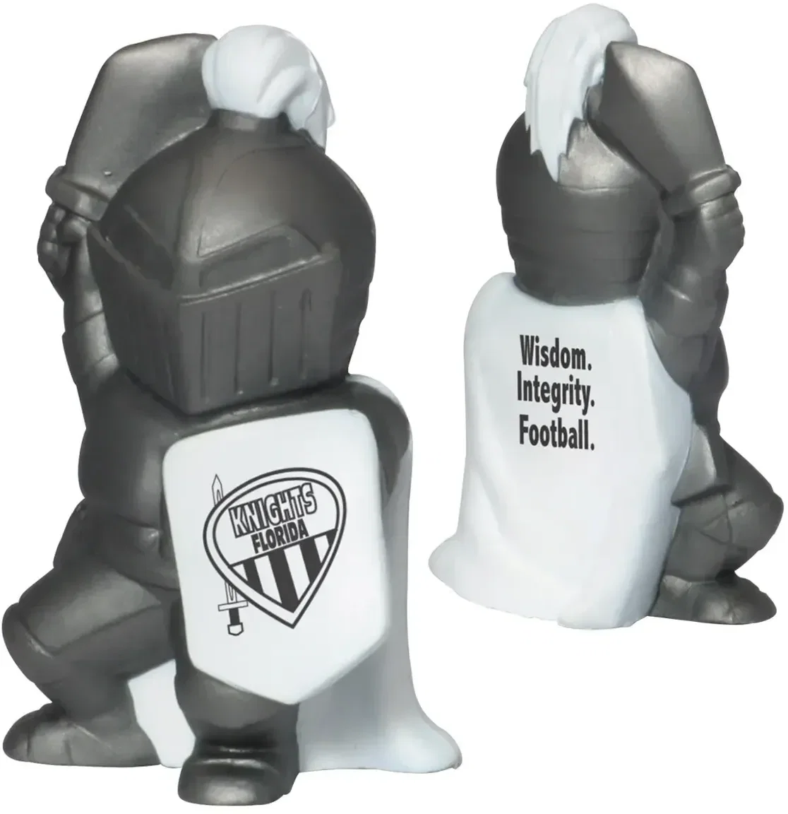 Knight mascot custom stress reliever, armored knight squeeze toy branded with logo, front view