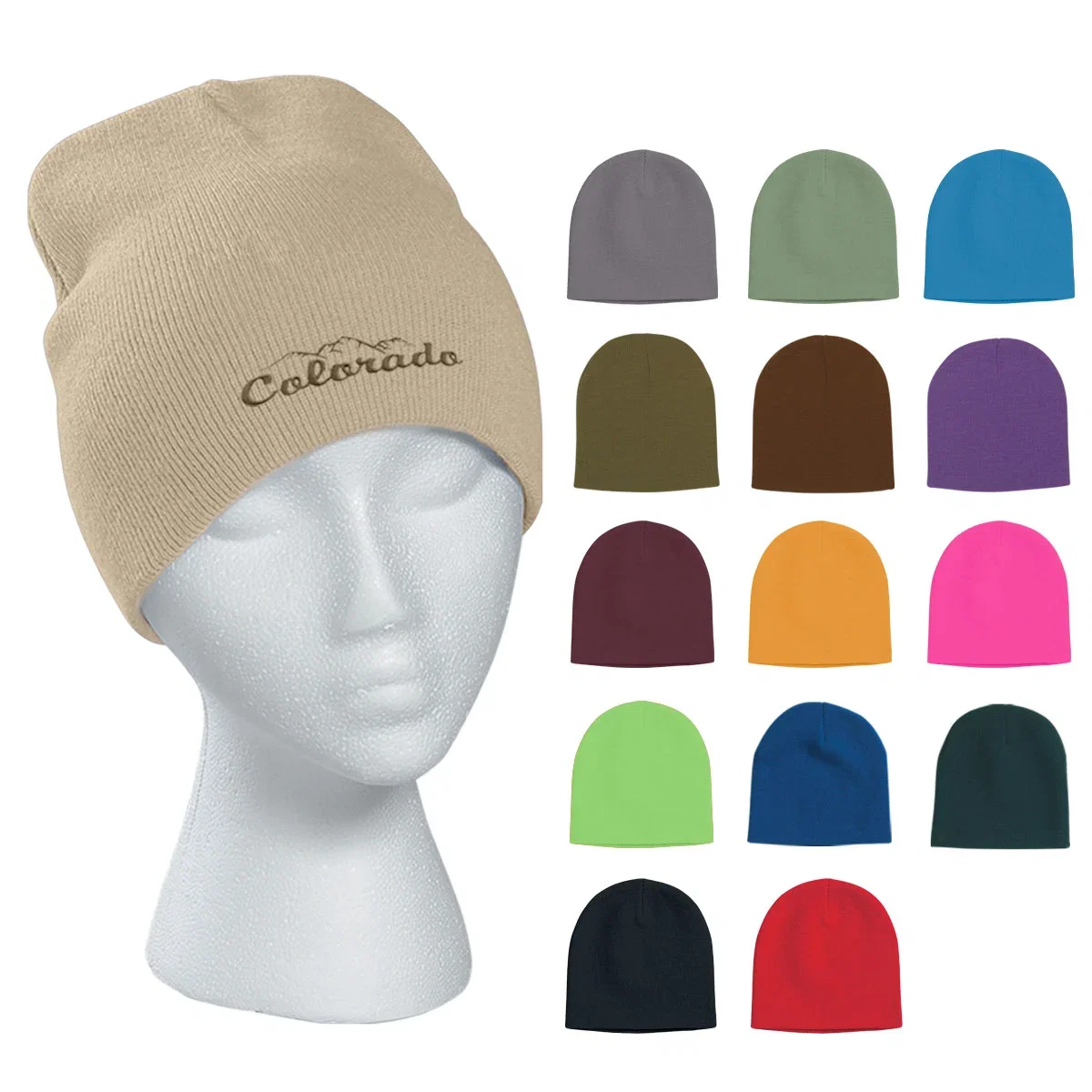 Ribbed knit beanie cap shown in a solid color