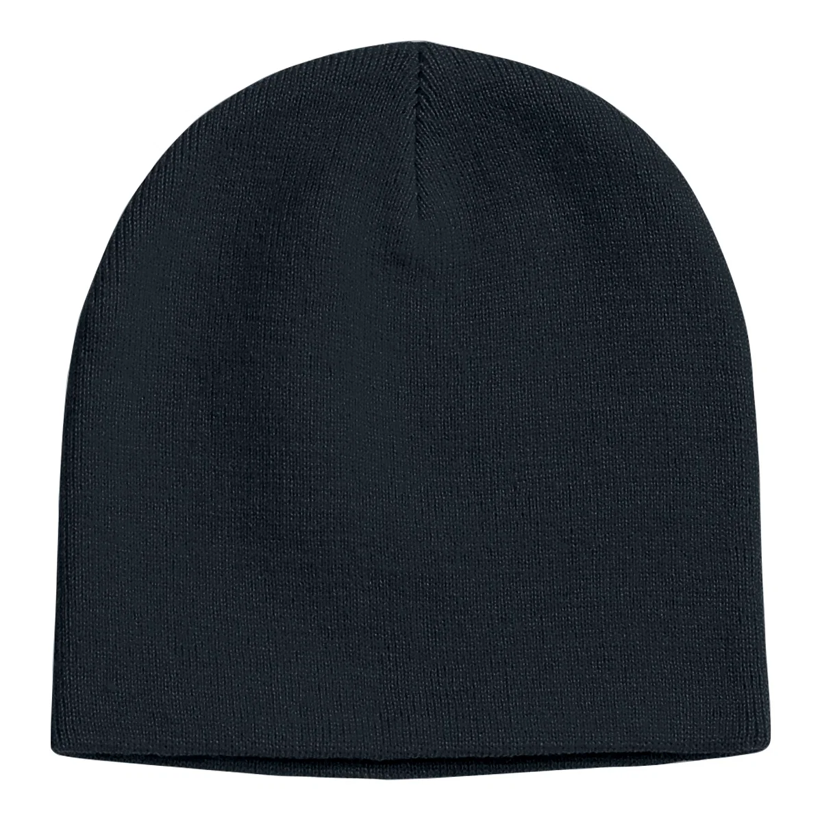 Black beanie photographed straight on from the front
