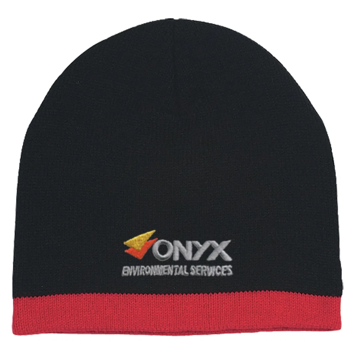 Knit beanie in black with a contrast stripe across the band