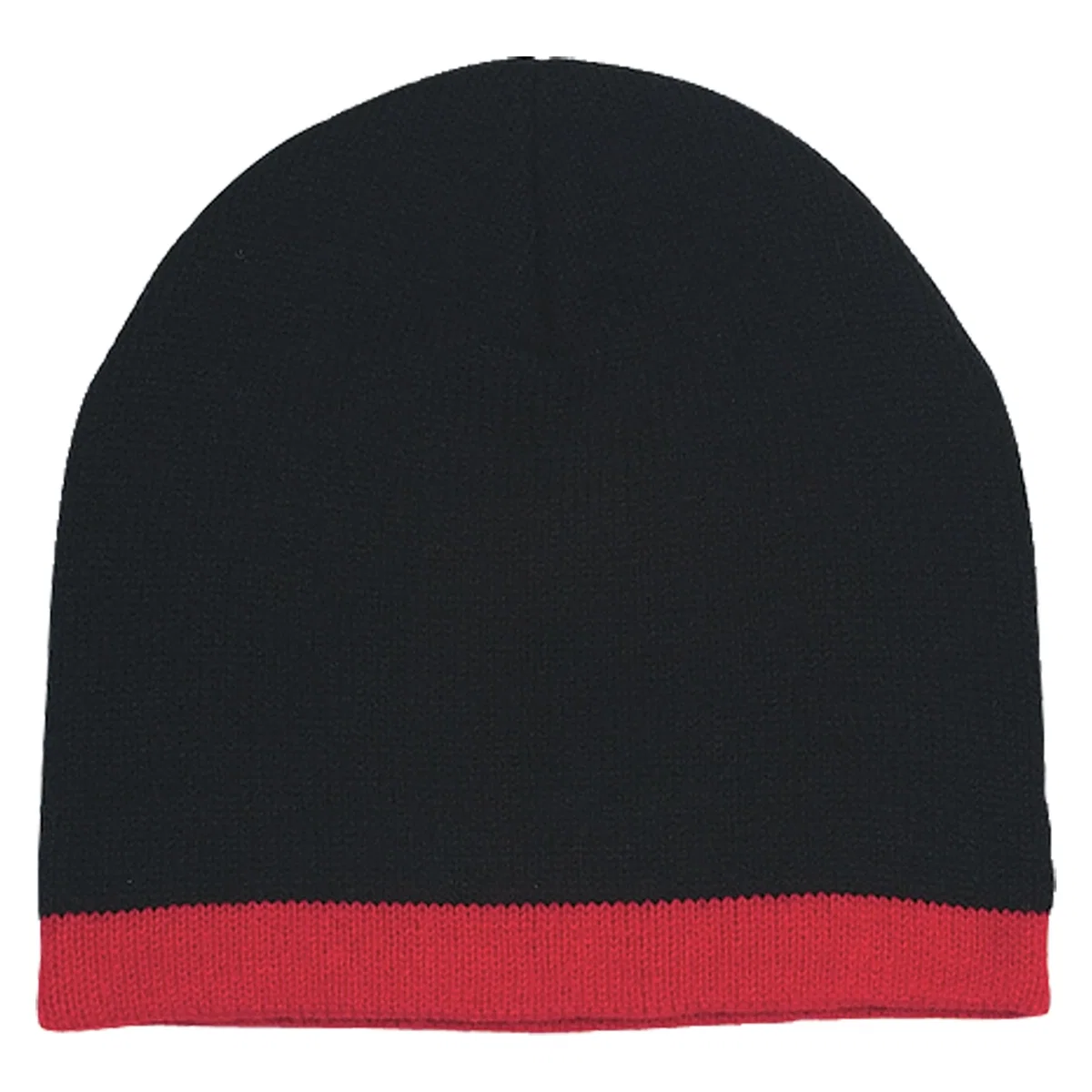 Red stripe running around a black knit beanie