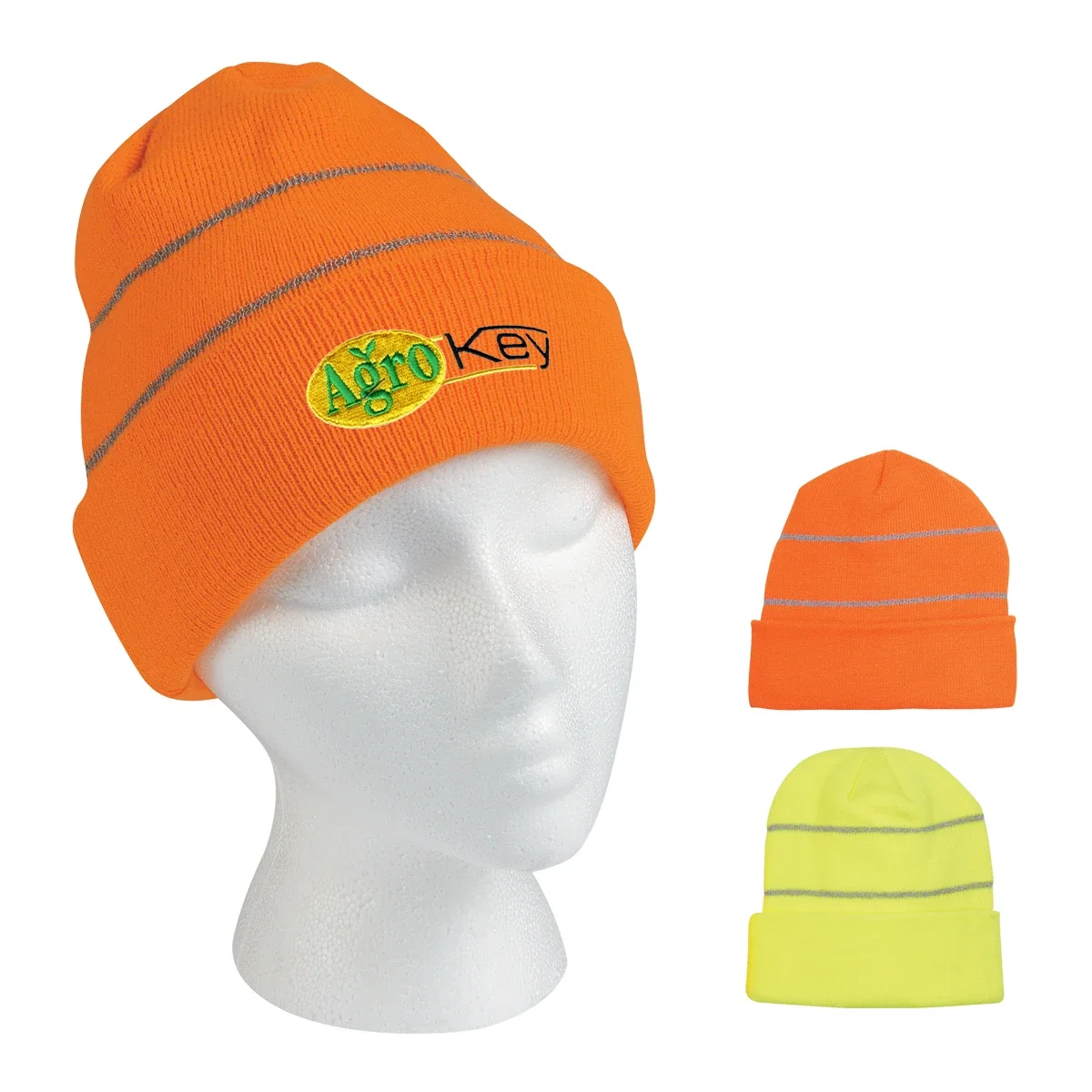 High-visibility winter hat photographed from the front