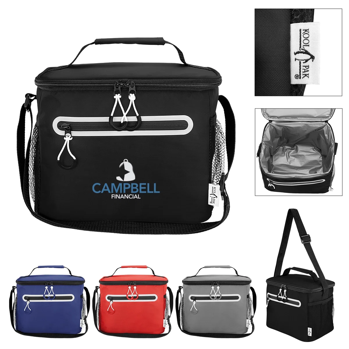 Twelve can cooler bag with a top zipper and carry handle