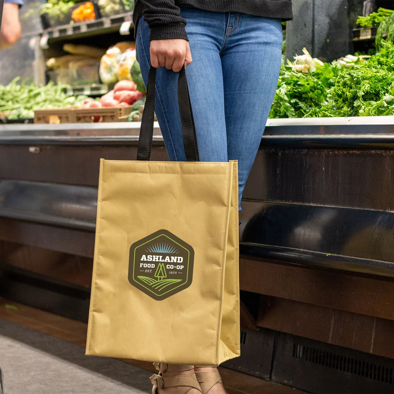 Kraft Insulated Hook & Loop Grocery Tote Bag held in hand