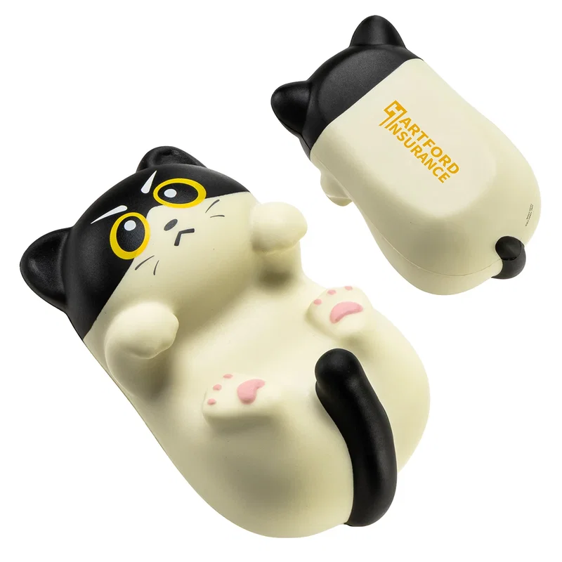 Kute Kitty Siberian Cat Stress Reliever propped up as a phone holder, promotional desk accessory in use