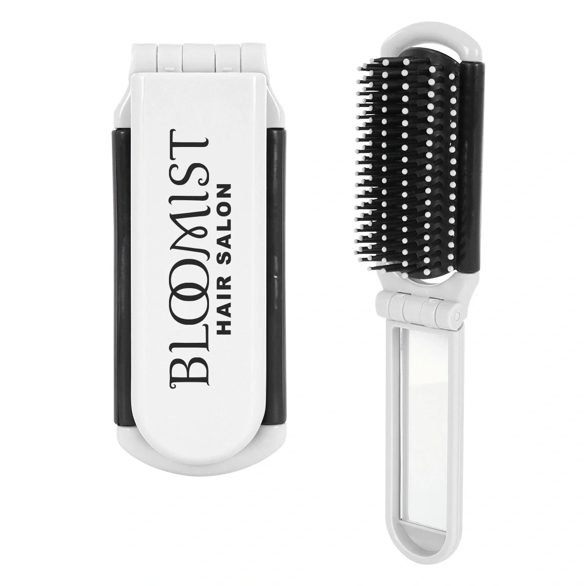 Folding hair brush closed into its compact rectangular case