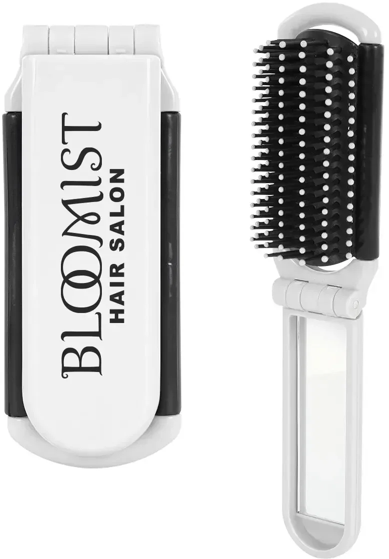 Compact folding brush with a built-in mirror for quick touch-ups