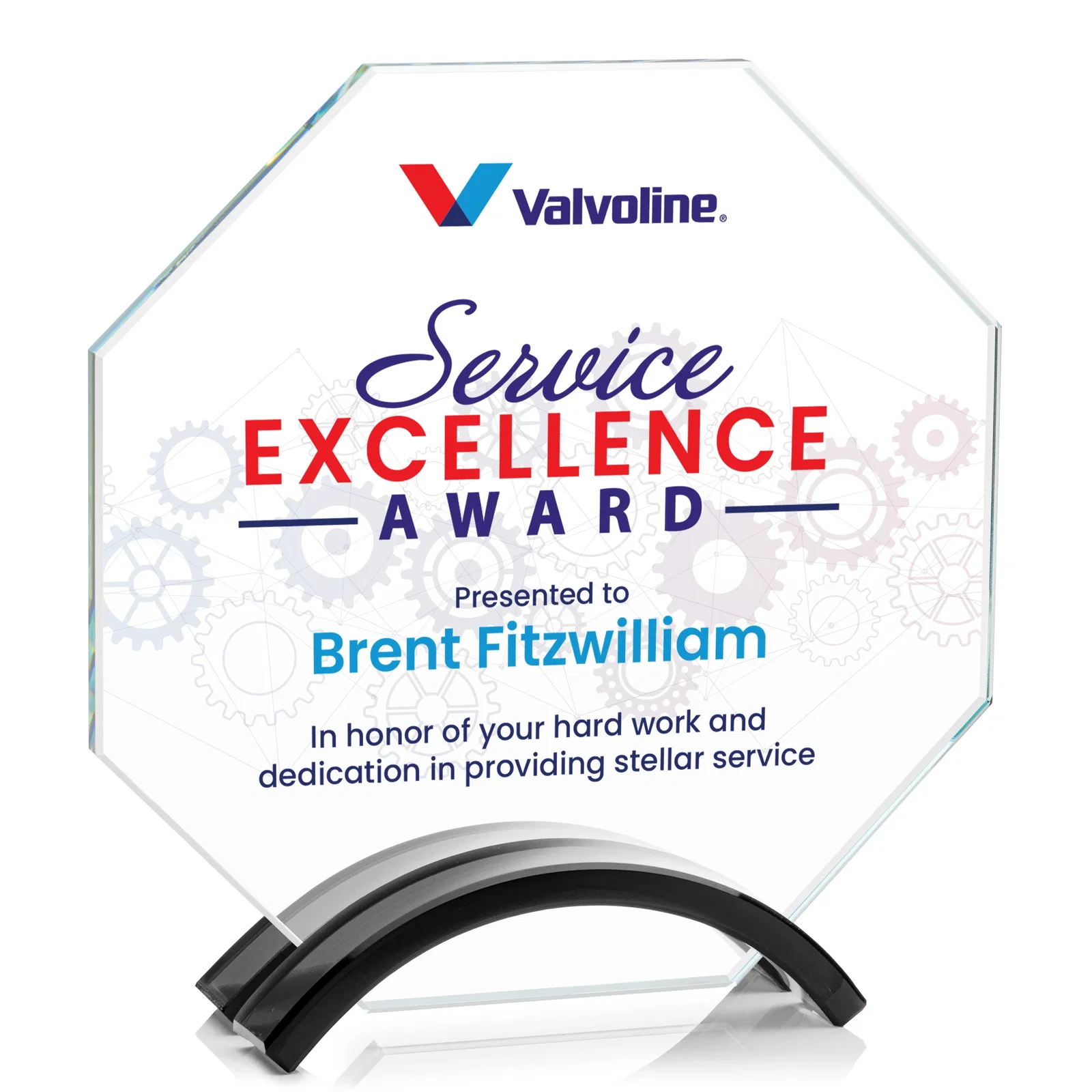 Personalized Starfire Crystal Octagon Award on Arch Base, awards for retirement presentations