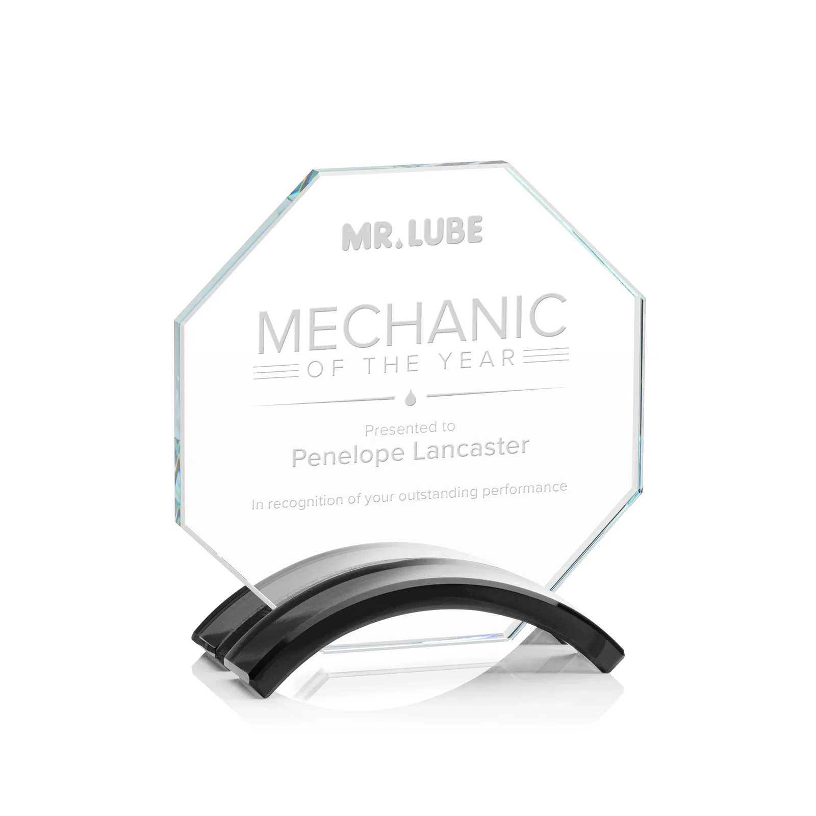 Custom Starfire Crystal Octagon Award on Arch Base, awards for corporate award ceremonies