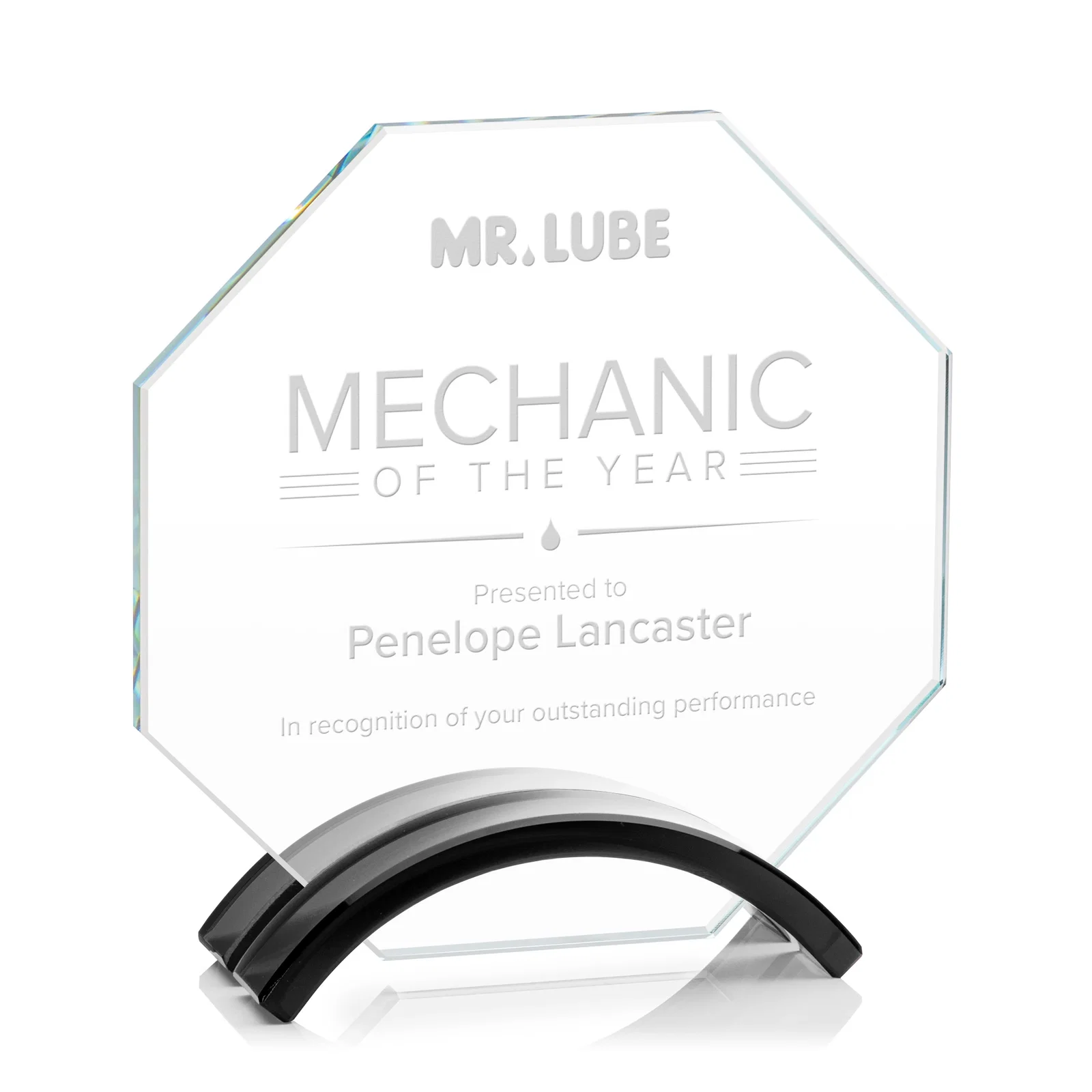 Custom Starfire Crystal Octagon Award on Arch Base, awards for sales achievement awards