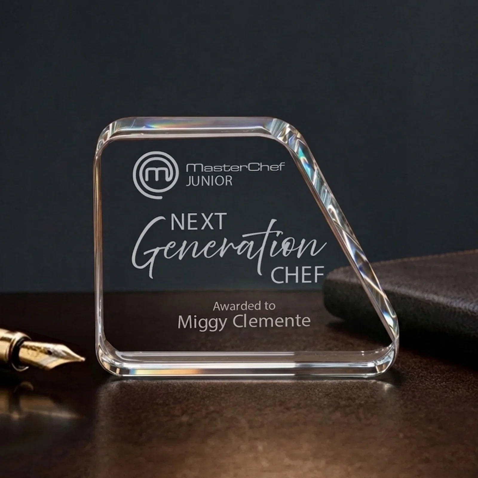 Custom Starfire Crystal Peak Award, Decorated Front and Back, desk awards for retirement presentations