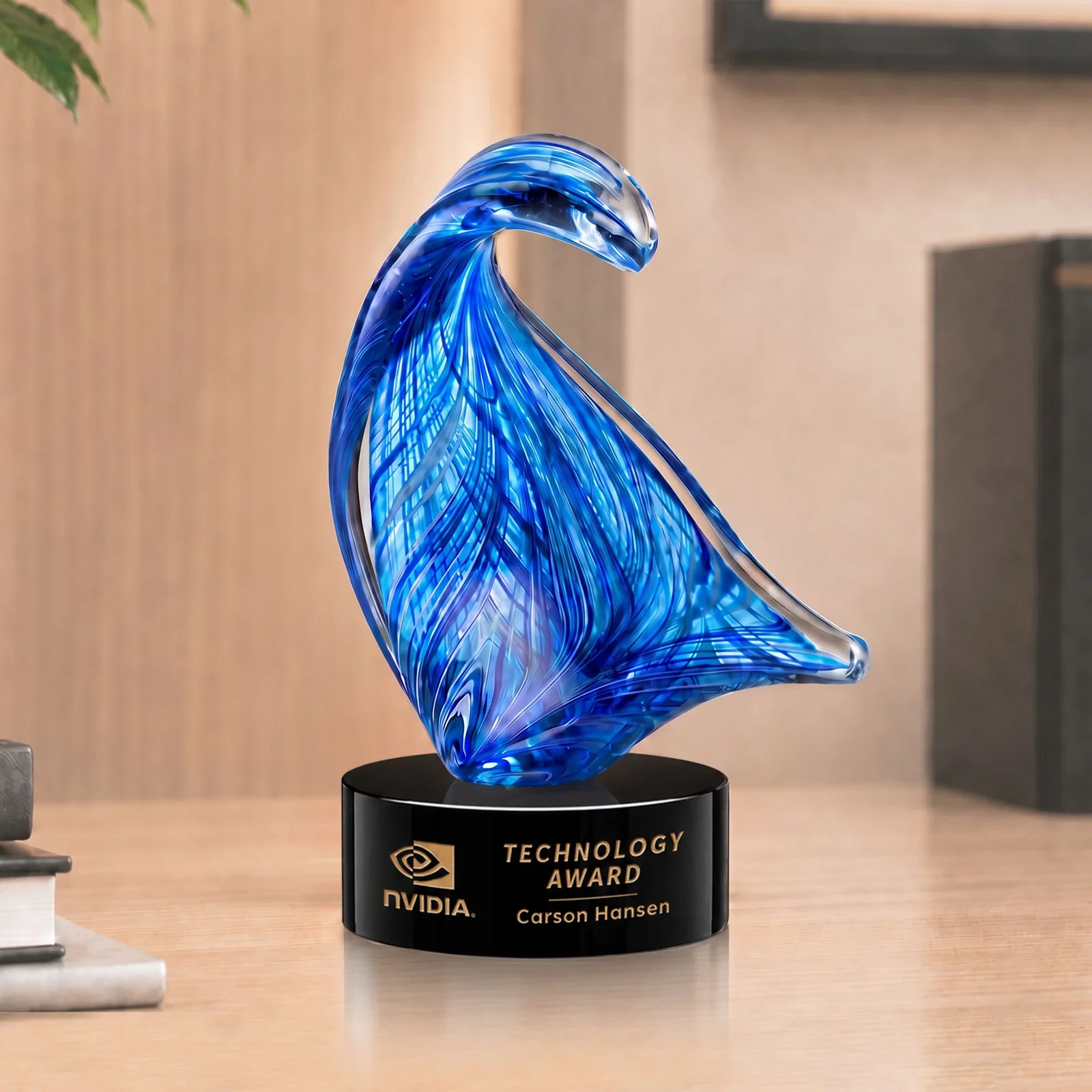 Custom Blue Glass Award With a Towering Wave Form for dealer and partner awards