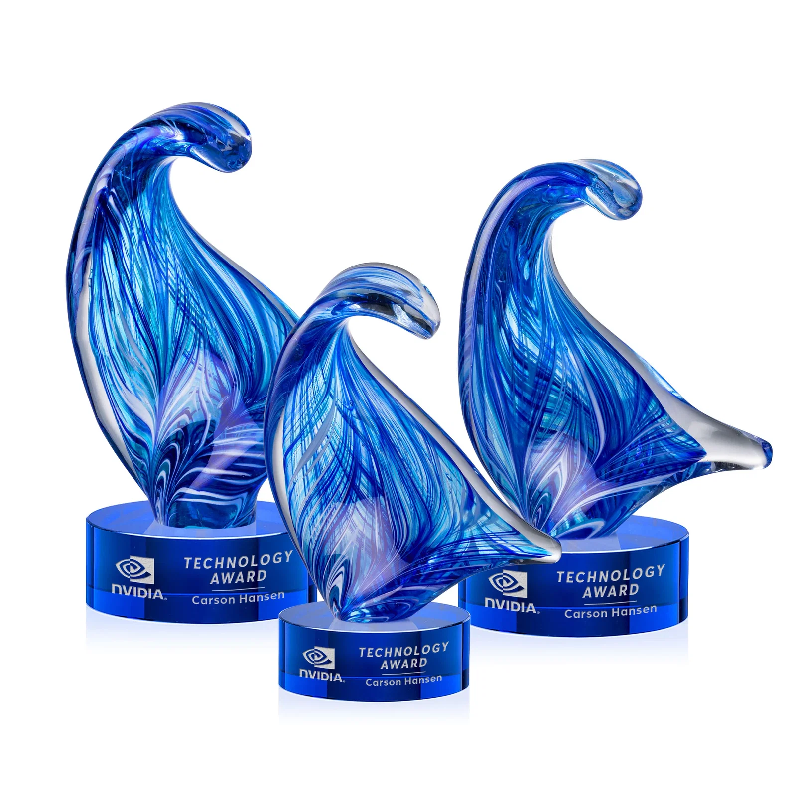 Custom Blue Glass Award With a Towering Wave Form for company anniversary events