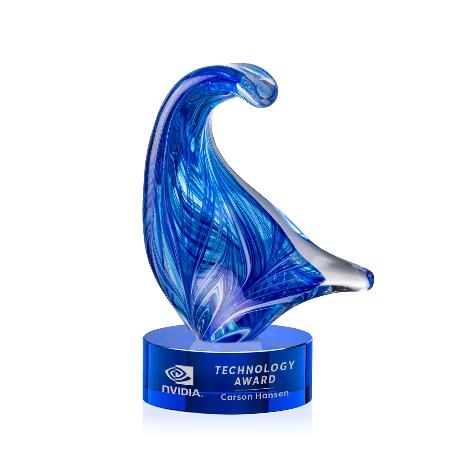 Personalized Blue Glass Award With a Towering Wave Form for corporate award ceremonies
