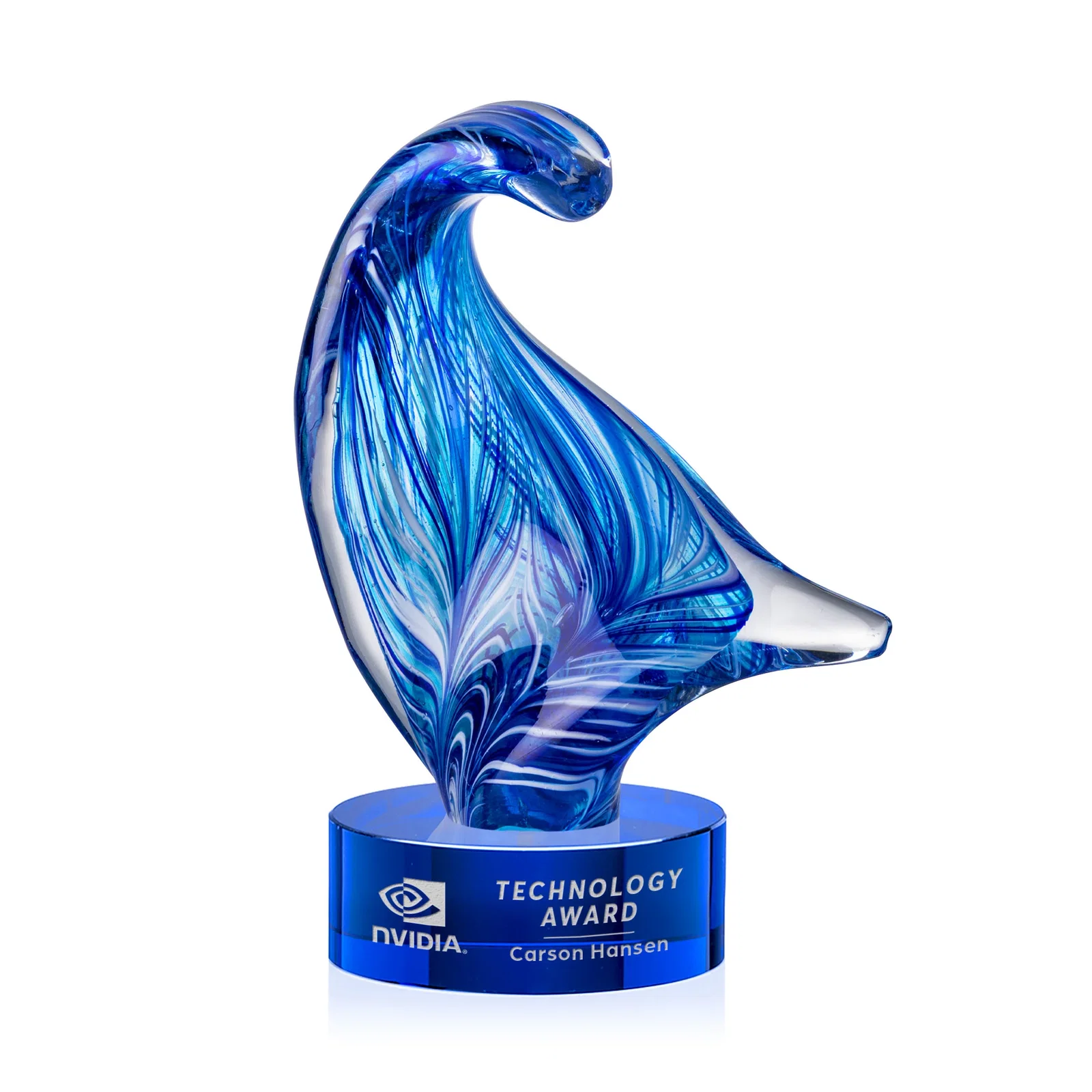 Personalized Blue Glass Award With a Towering Wave Form for service anniversary gifts