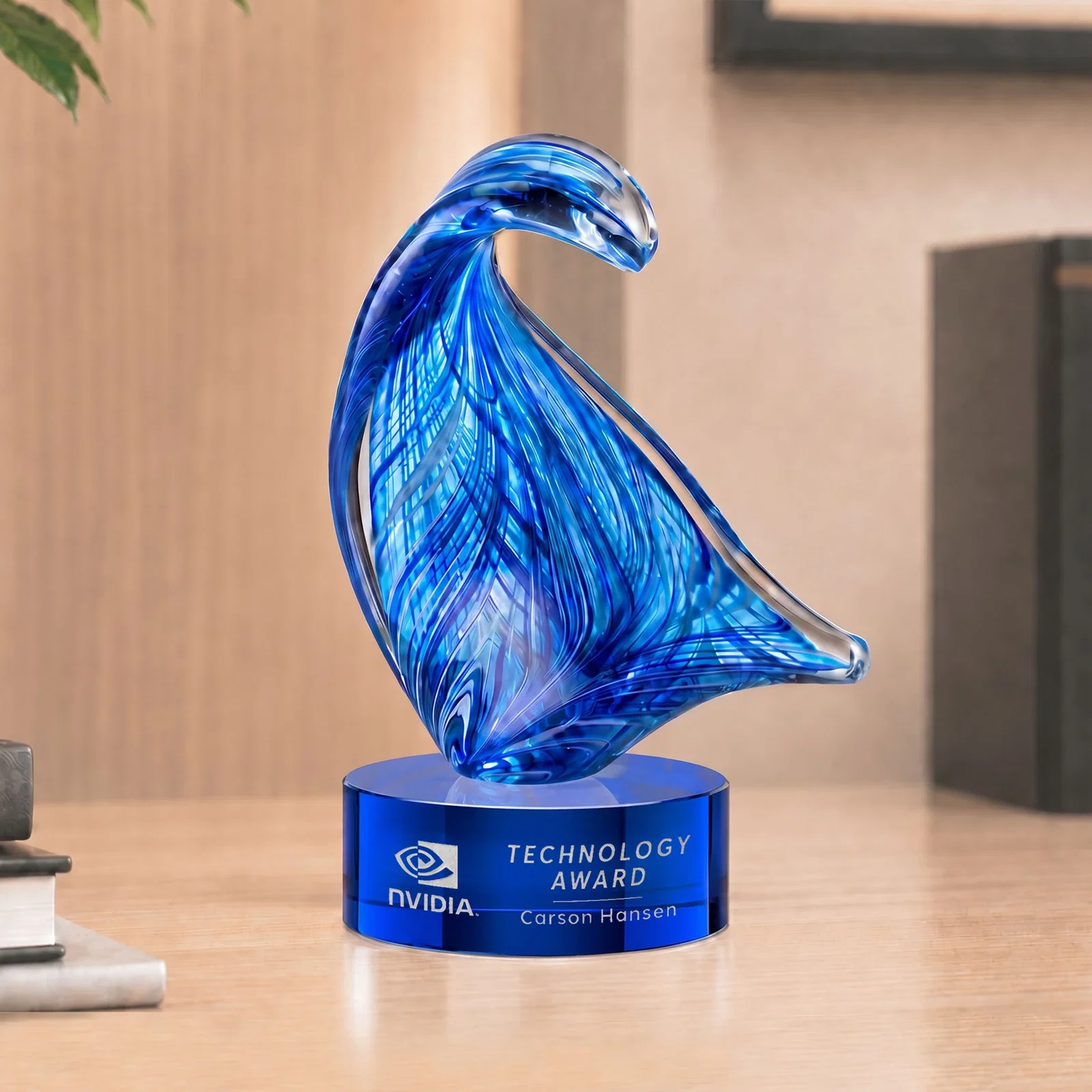 Personalized Blue Glass Award With a Towering Wave Form for sales achievement awards