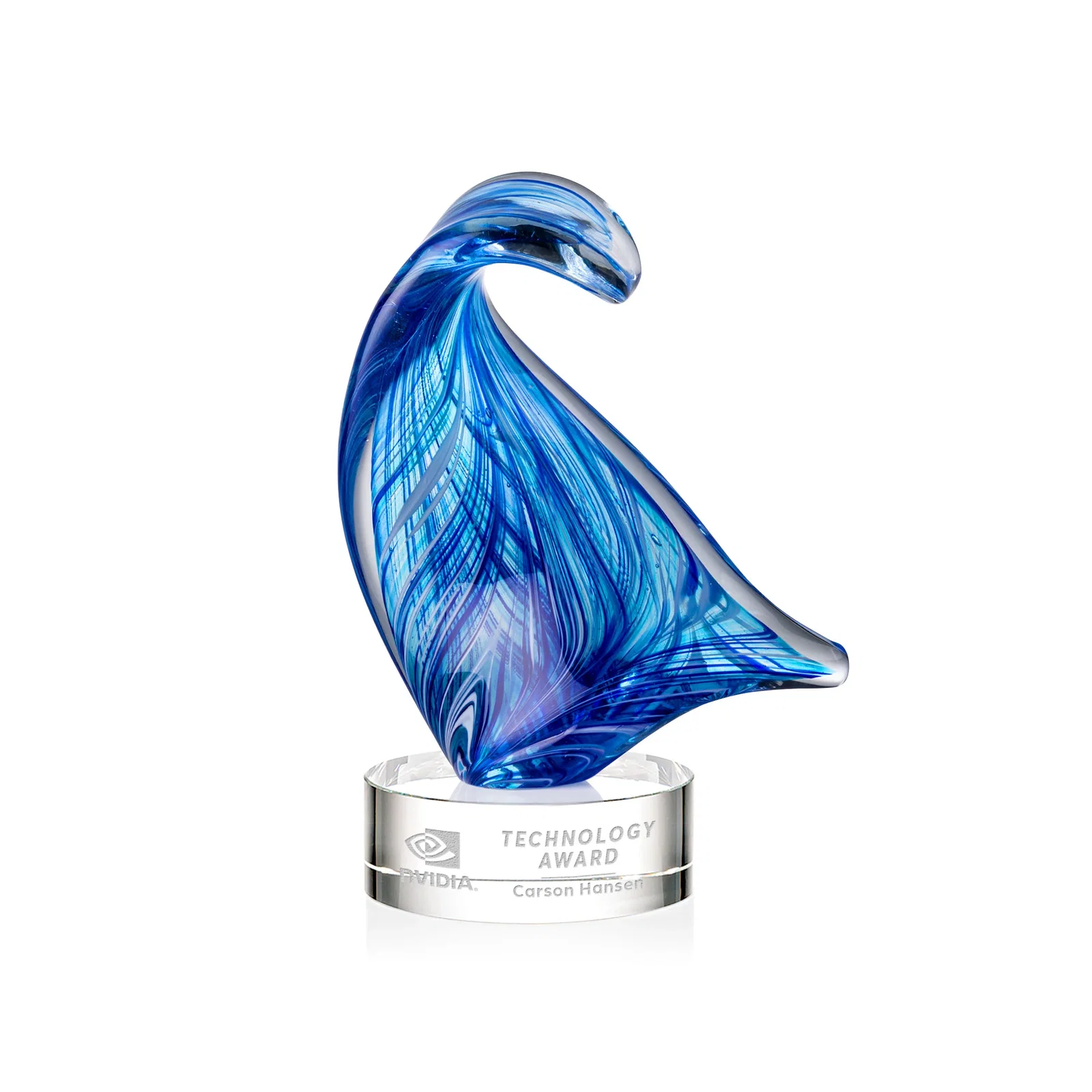 Custom Blue Glass Award With a Towering Wave Form for corporate award ceremonies