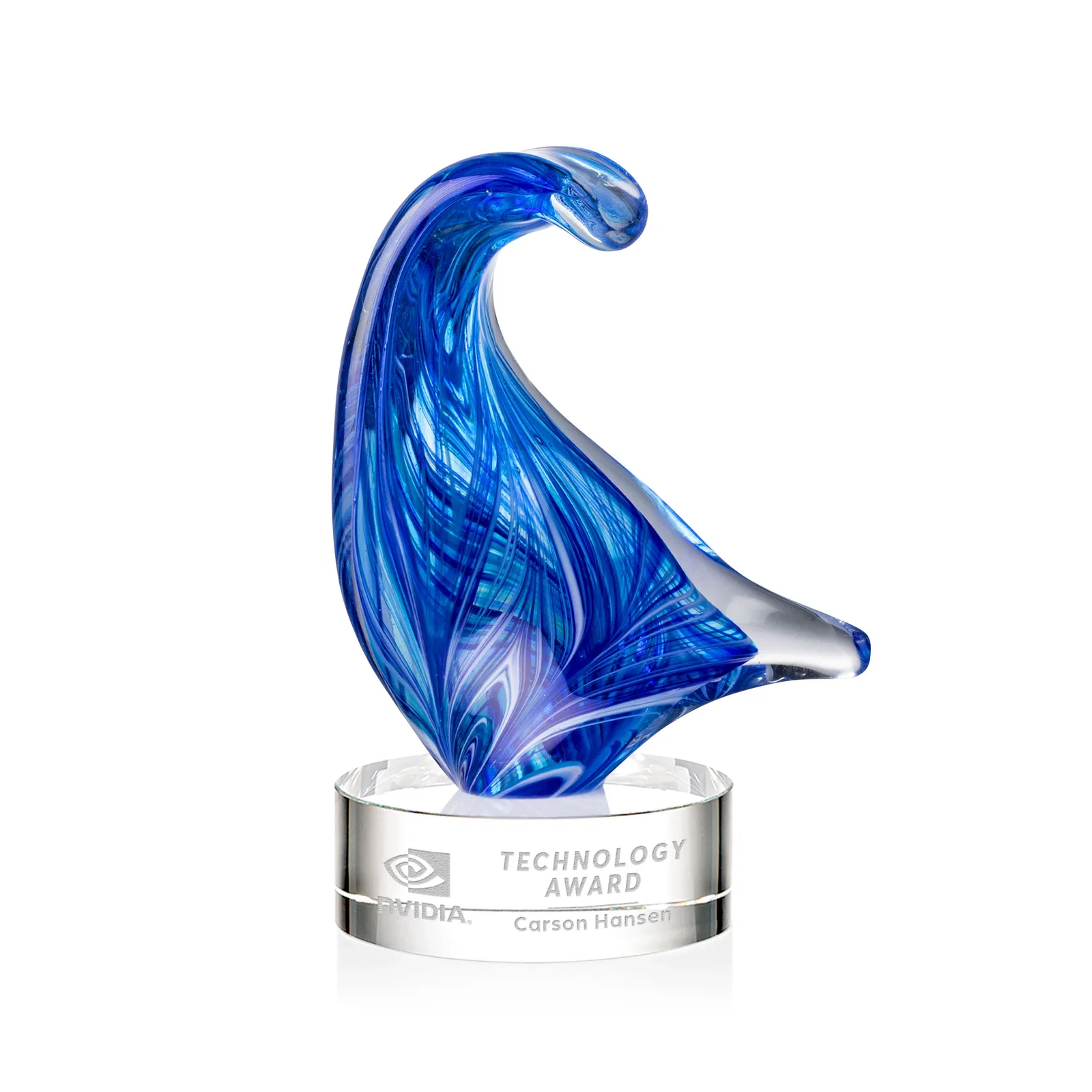 Custom Blue Glass Award With a Towering Wave Form for service anniversary gifts