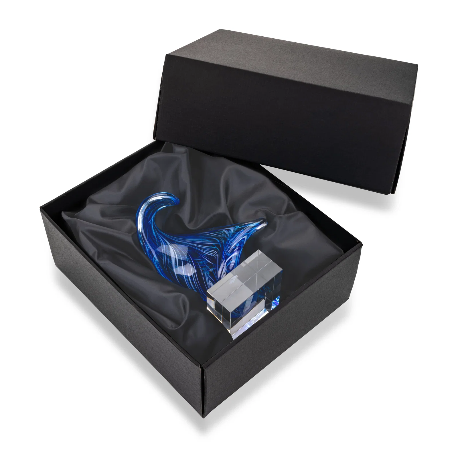 Custom Blue Glass Award With a Towering Wave Form for retirement presentations