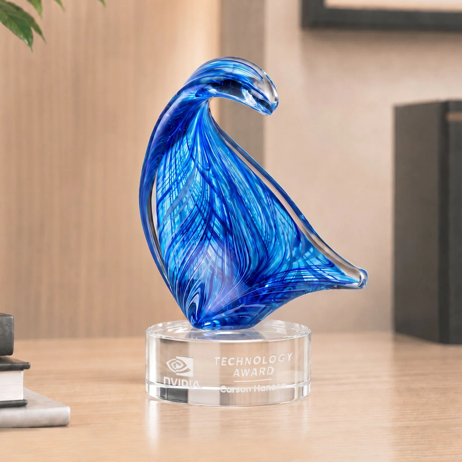 Custom Blue Glass Award With a Towering Wave Form for team milestone celebrations