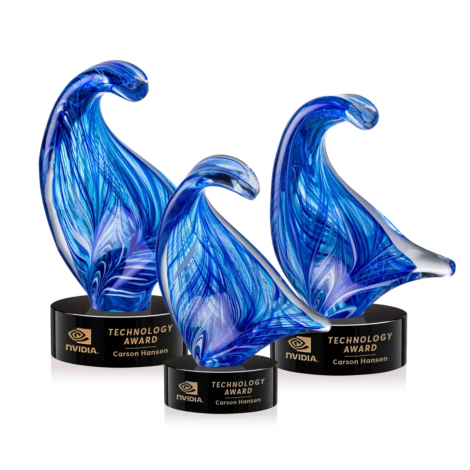 Custom Blue Glass Award With a Towering Wave Form for donor appreciation