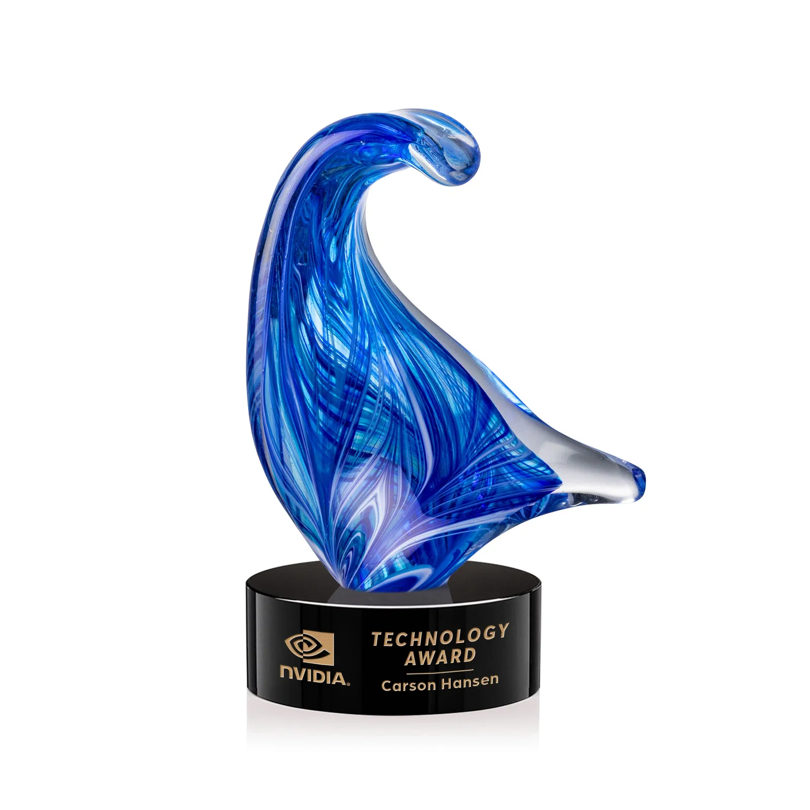Custom Blue Glass Award With a Towering Wave Form for safety achievement programs