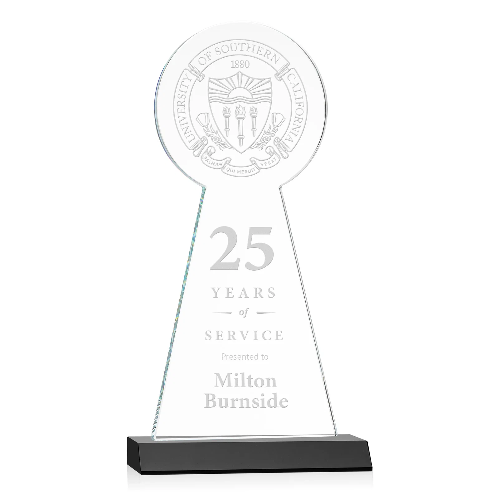 Personalized Starfire Crystal Tower Award With Large Circle Top for retirement presentations